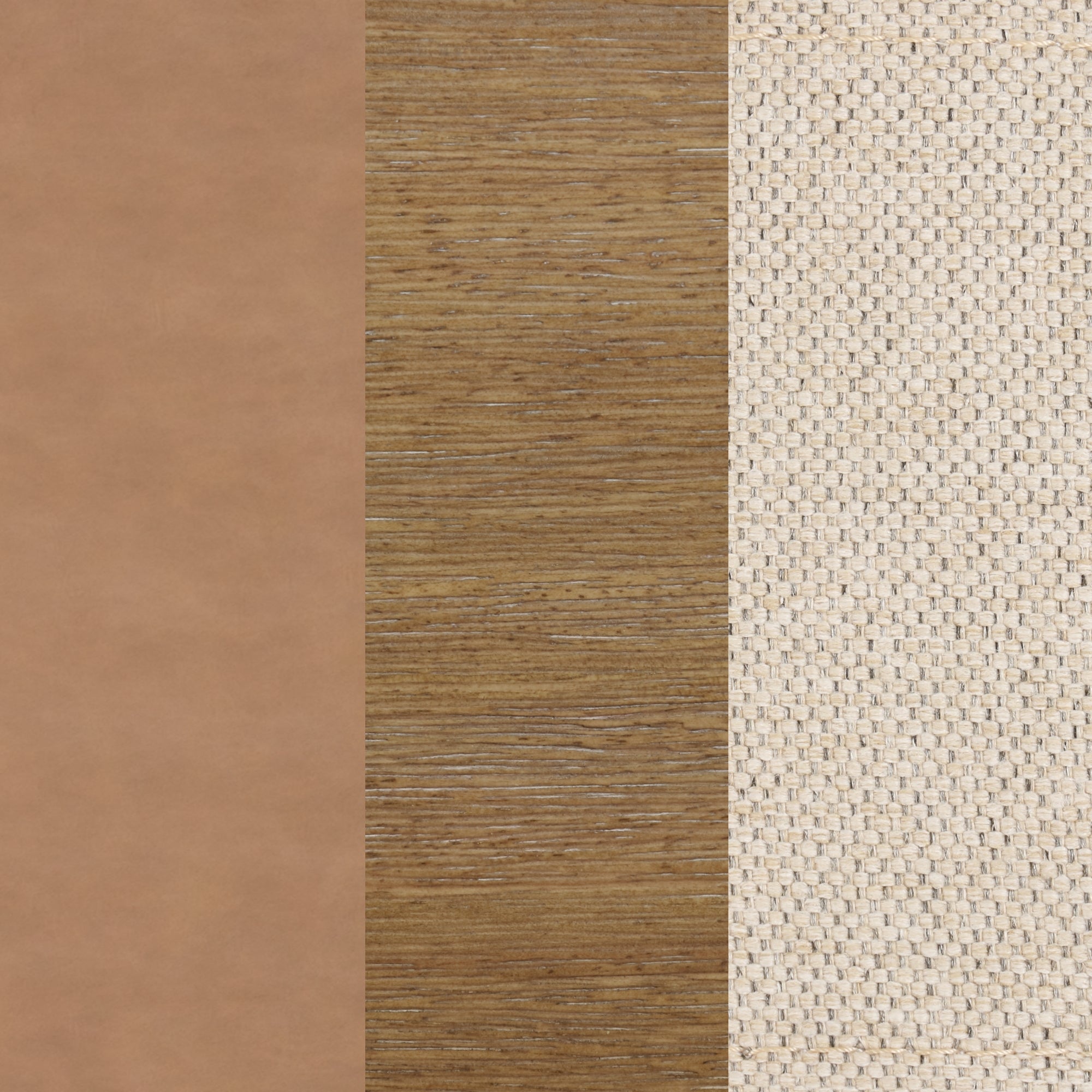 Three vertical panels show different textures: smooth tan leather on the left, medium brown horizontal wood grain in the center, and a tightly woven beige fabric on the right.