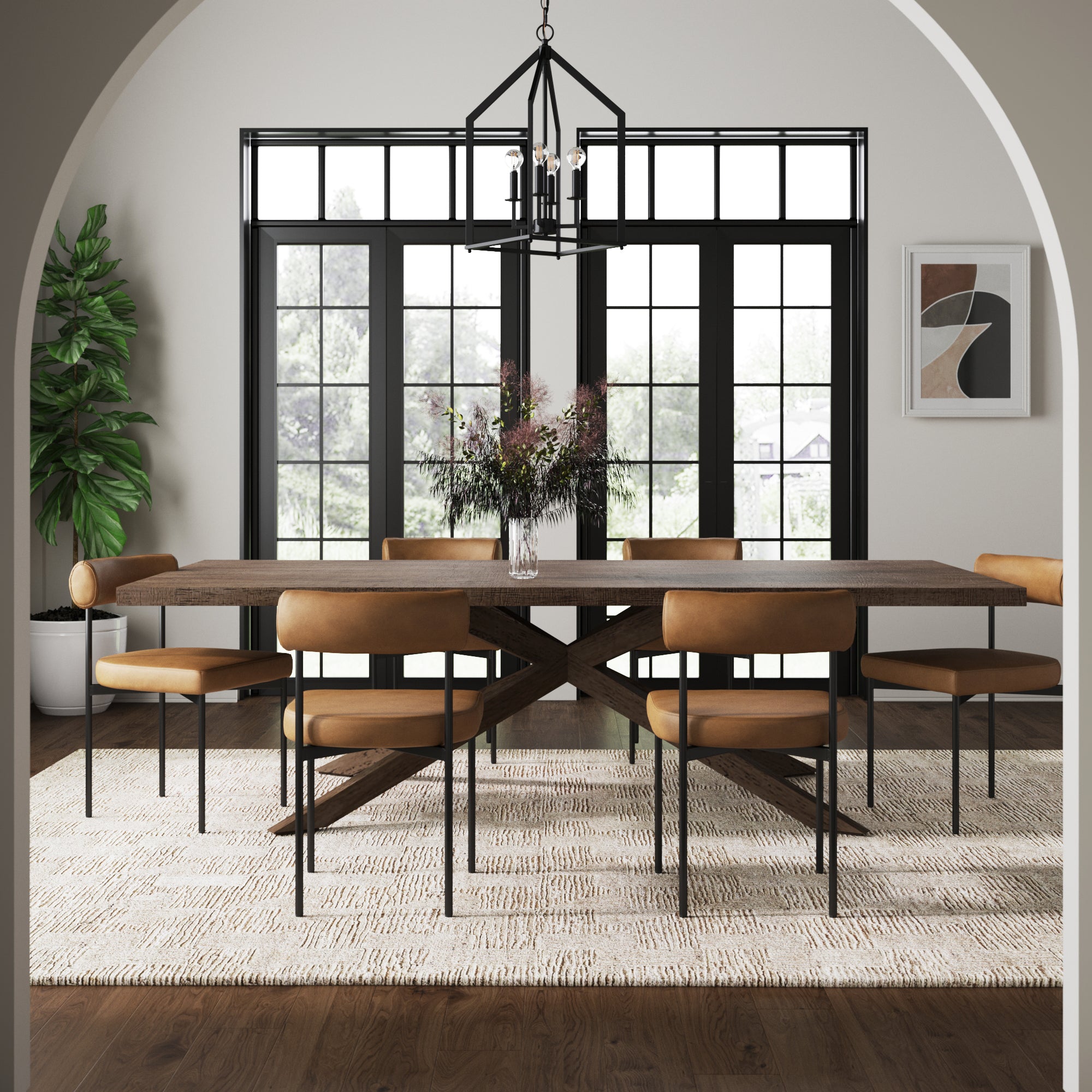 Modern dining room featuring a wooden table, six Nathan James Faux Leather Modern Dining Chairs, patterned rug, large black-framed windows, geometric chandelier, leafy plant in a white pot, and framed abstract artwork on the wall.