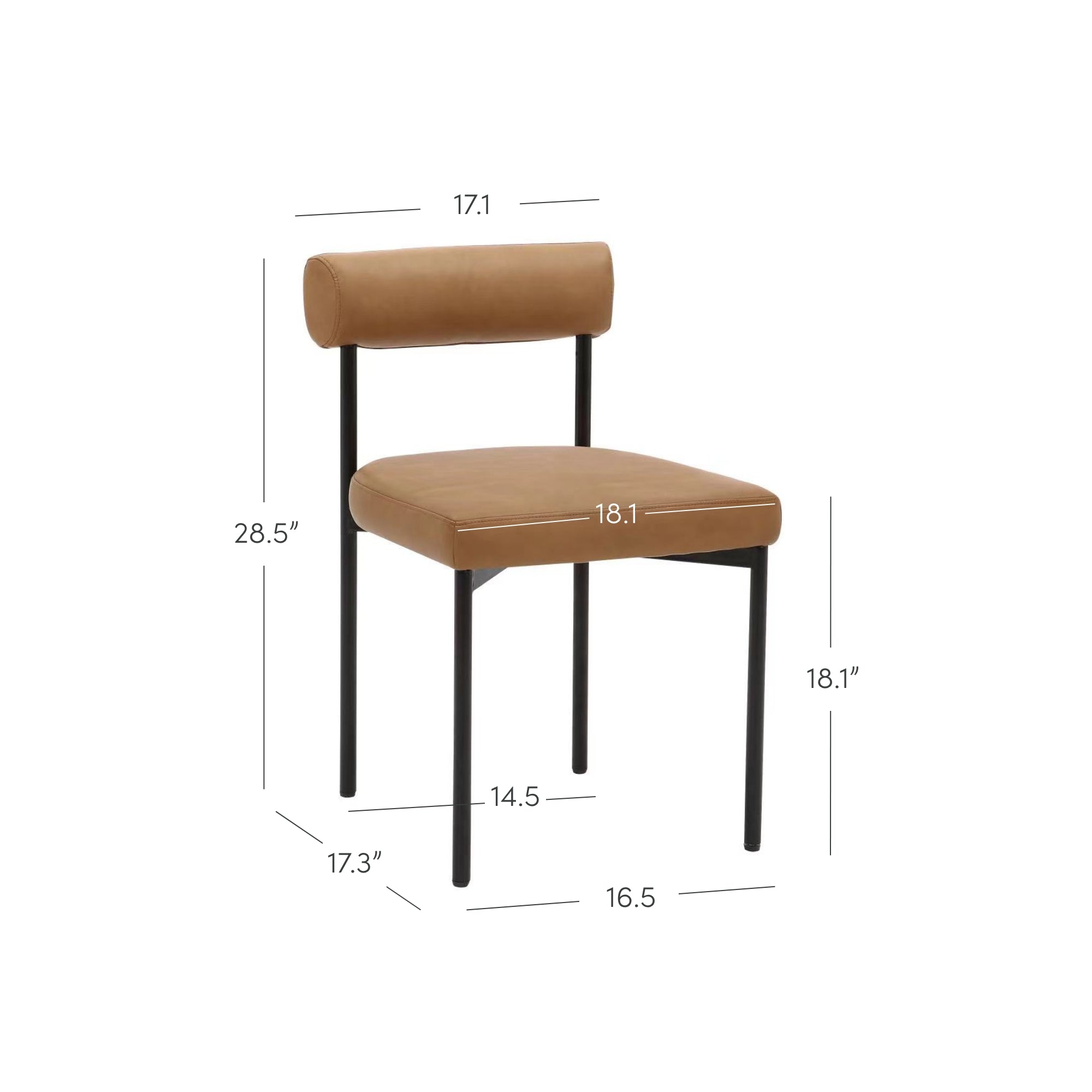 A modern chair with a tan cushioned seat and backrest, black metal legs, and labeled dimensions: height 28.5, back width 17.1, seat width 18.1, seat height 18.1, depth 17.3, and front width 16.5.