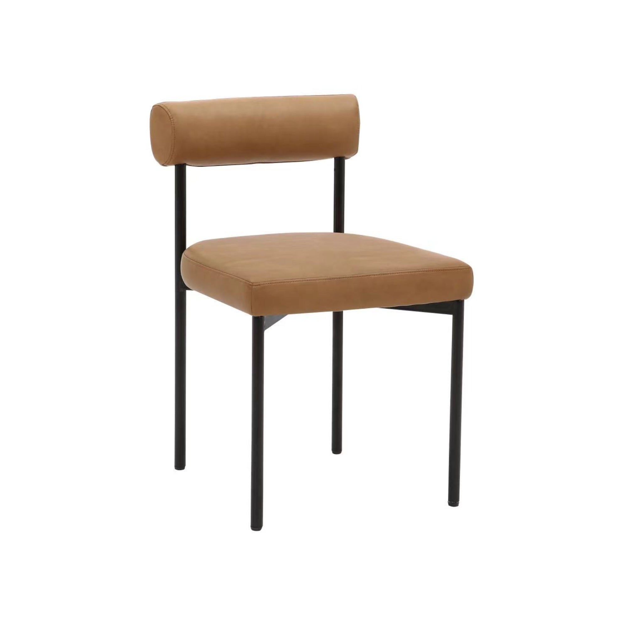 A modern chair with a tan leather seat and cylindrical backrest, supported by four slim black metal legs.