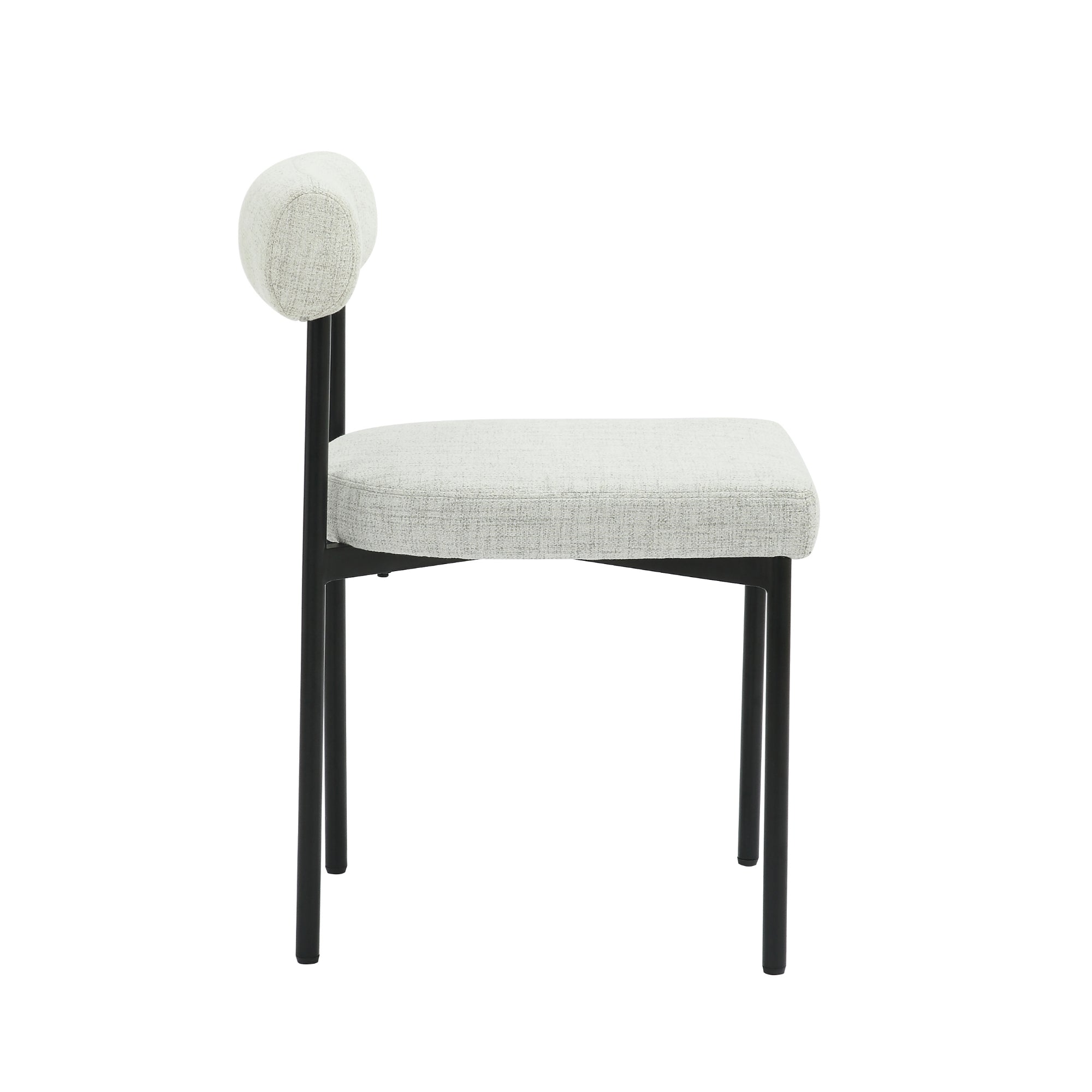 Side view of a modern chair with a cylindrical cushioned backrest and a rectangular seat, both upholstered in light grey fabric, supported by a black metal frame with four straight legs.