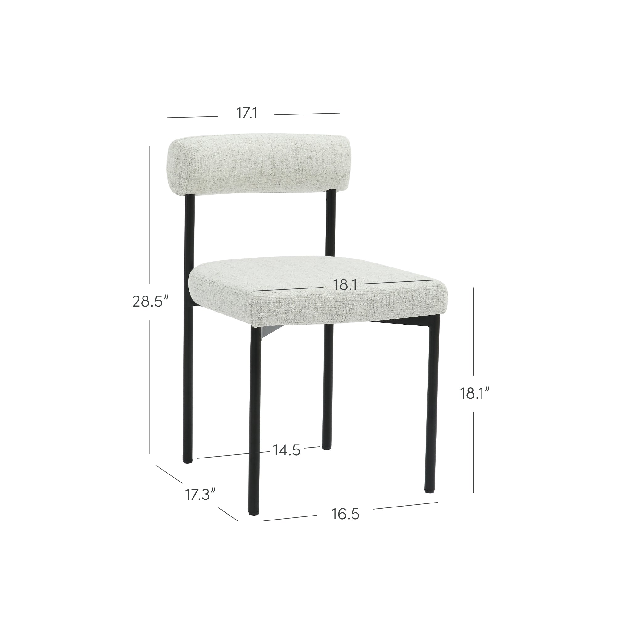 A modern armless chair with a light gray cushioned seat and backrest, black metal legs, and labeled dimensions for height, width, and depth surrounding the chair.