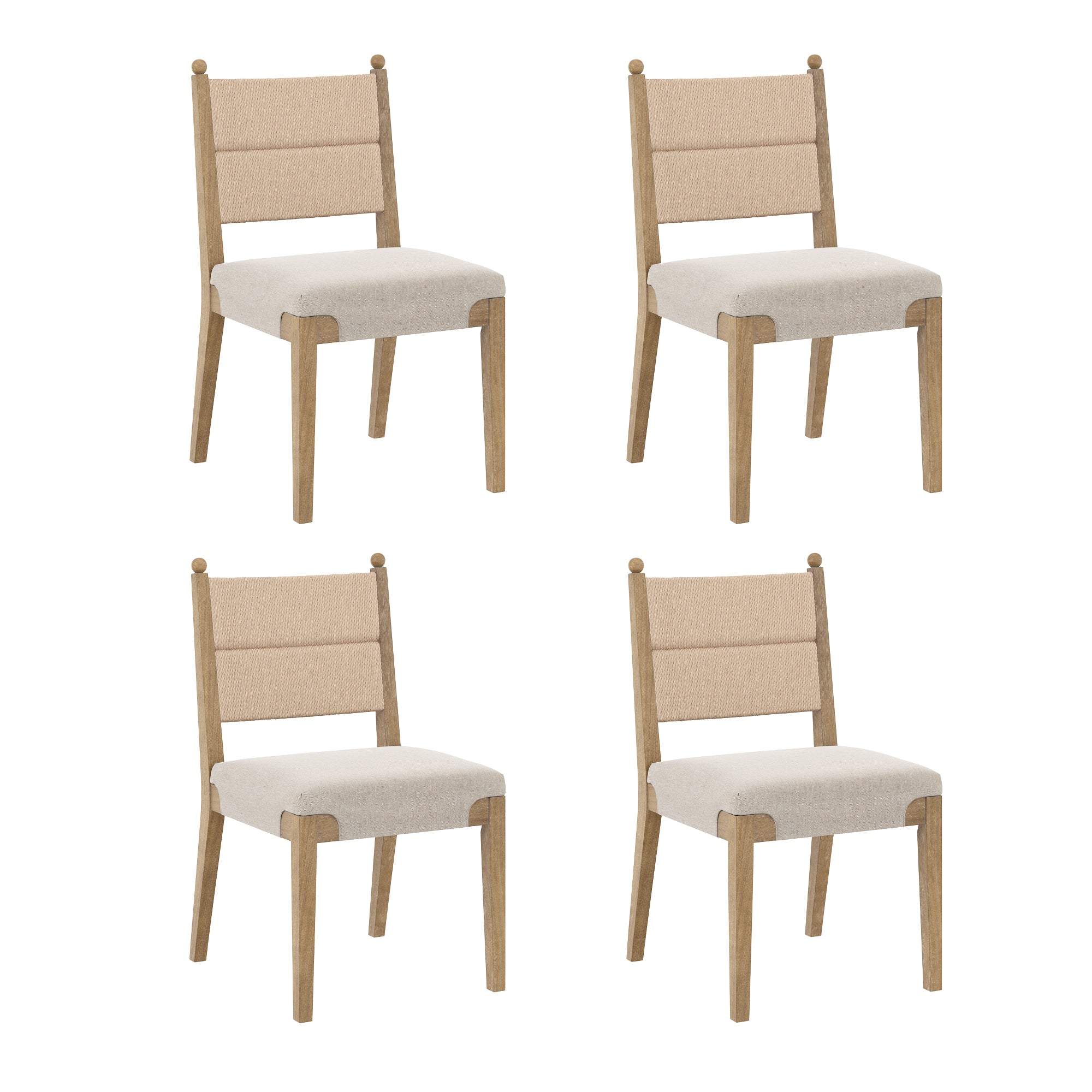 Four wooden dining chairs with light beige upholstered seats and backs, arranged in a grid on a white background. The chairs have a simple, modern design with straight legs and padded cushions.