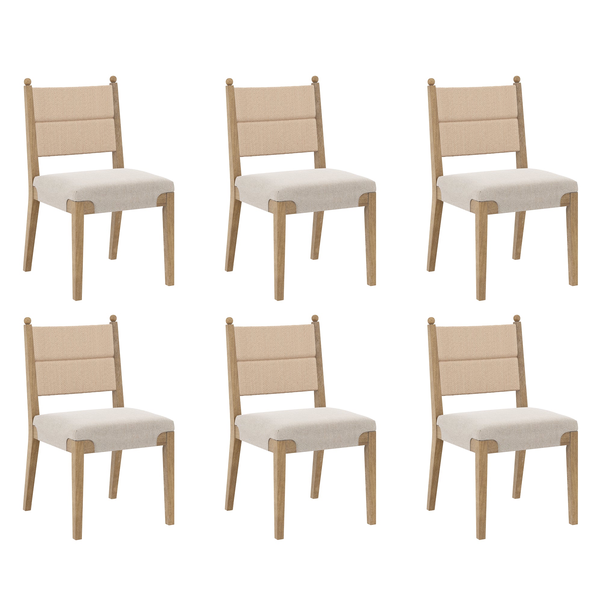 Six wooden dining chairs with light beige cushioned seats and backs, arranged in two rows of three against a plain white background.