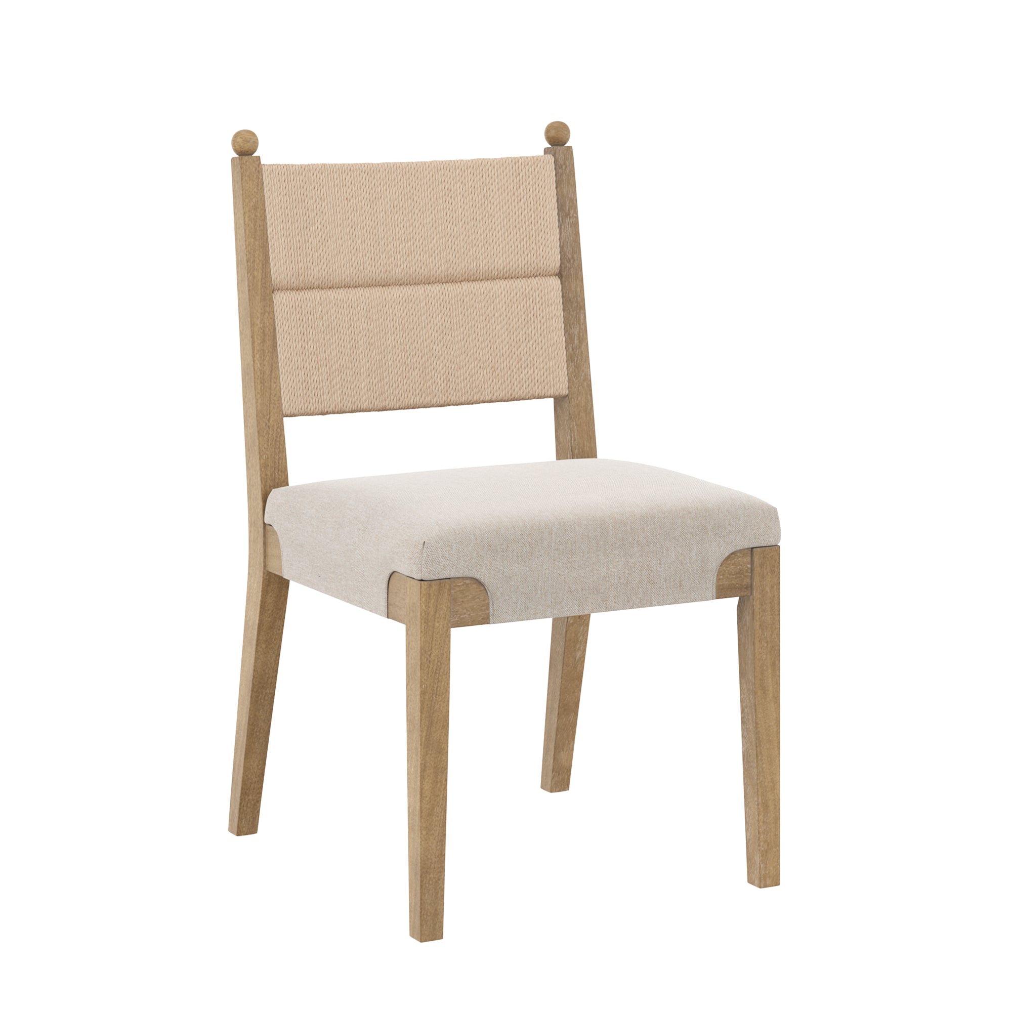 A wooden chair with light beige upholstered seat and backrest, featuring a simple, modern design and straight legs.