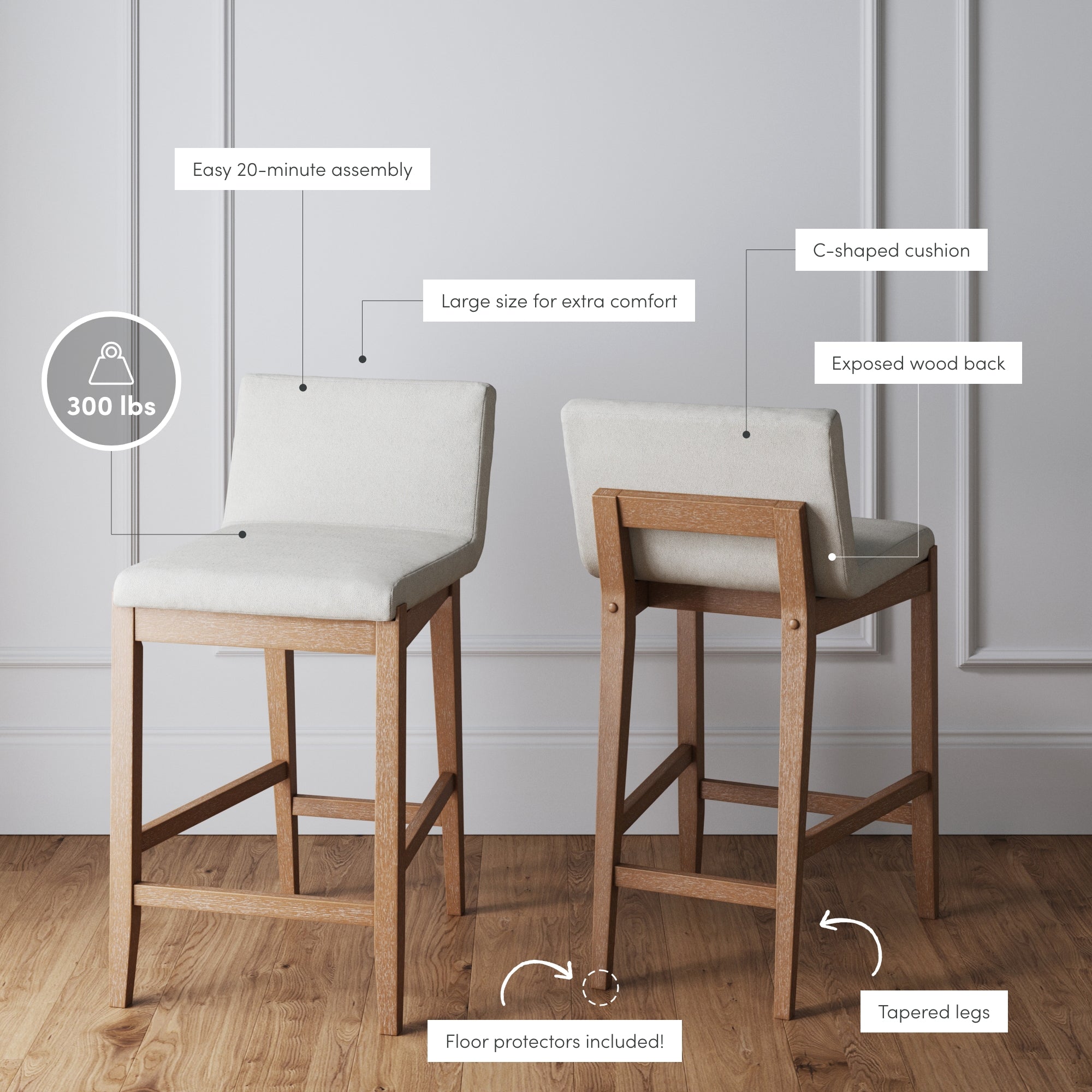 Two modern bar stools with light cushioned seats and wooden frames are shown on a wood floor, featuring labeled highlights such as easy assembly, C-shaped cushion, exposed wood back, tapered legs, and floor protectors.