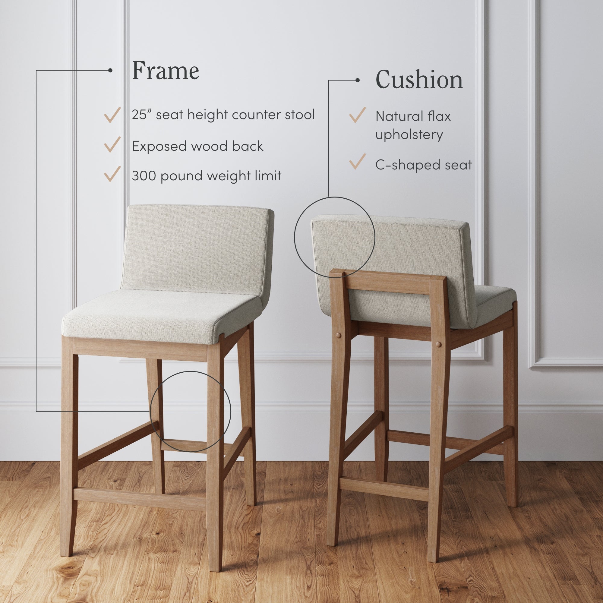 Two modern counter stools with exposed wood frames and natural flax upholstered cushions are shown in a bright room with paneled walls. Text highlights the frame, seat height, weight limit, and cushion features.