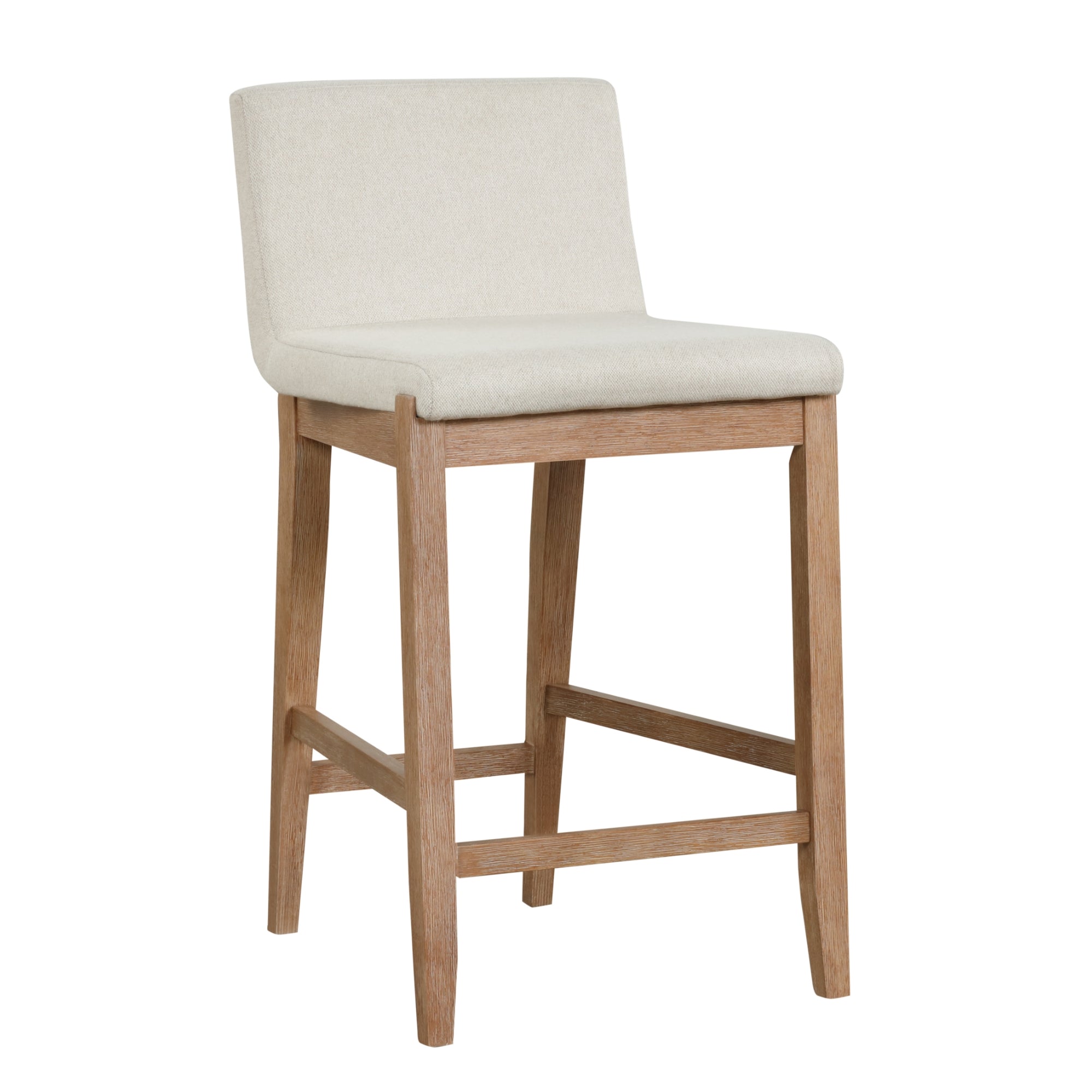 A wooden bar stool with a light beige upholstered seat and backrest, featuring straight legs and a simple, modern design.