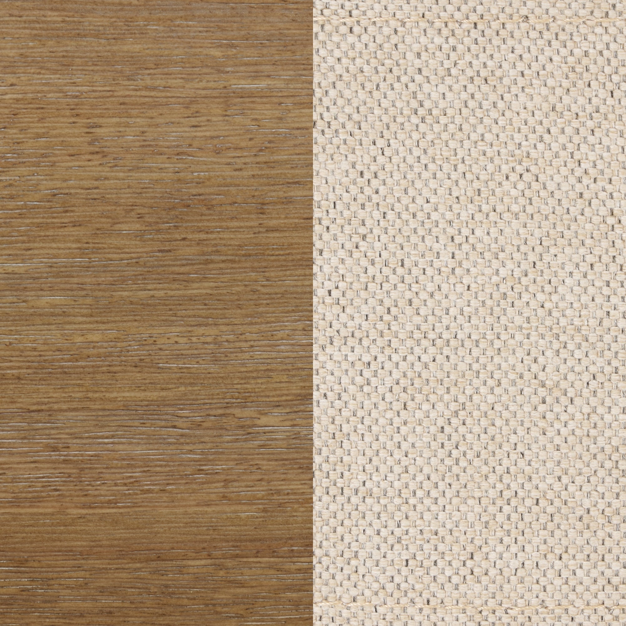 A split surface showing two textures: the left side is smooth brown wood grain, and the right side is a light beige, woven fabric with a visible basketweave pattern.
