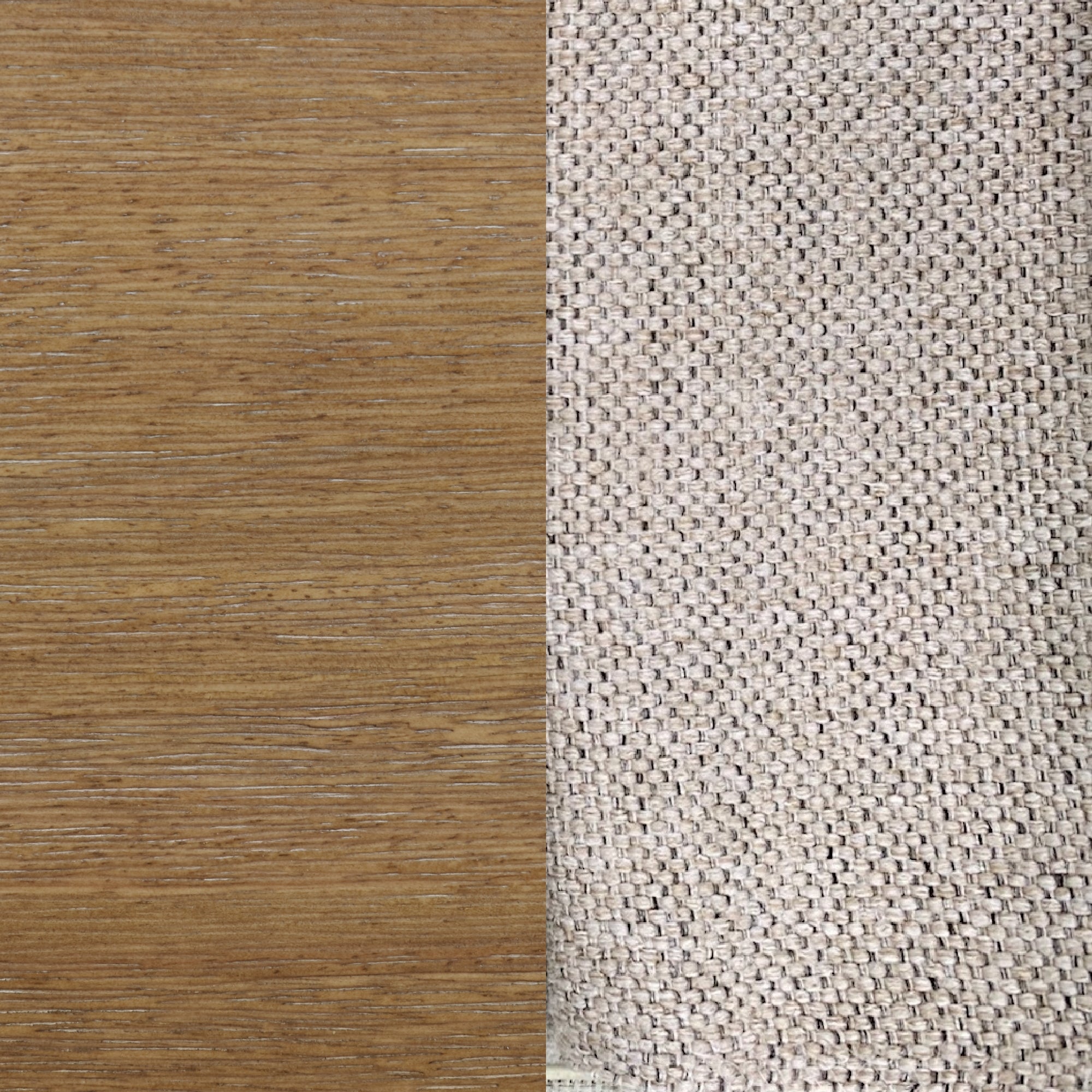 Close-up image showing two textures side by side: smooth brown wood grain on the left, and coarse beige woven fabric on the right.