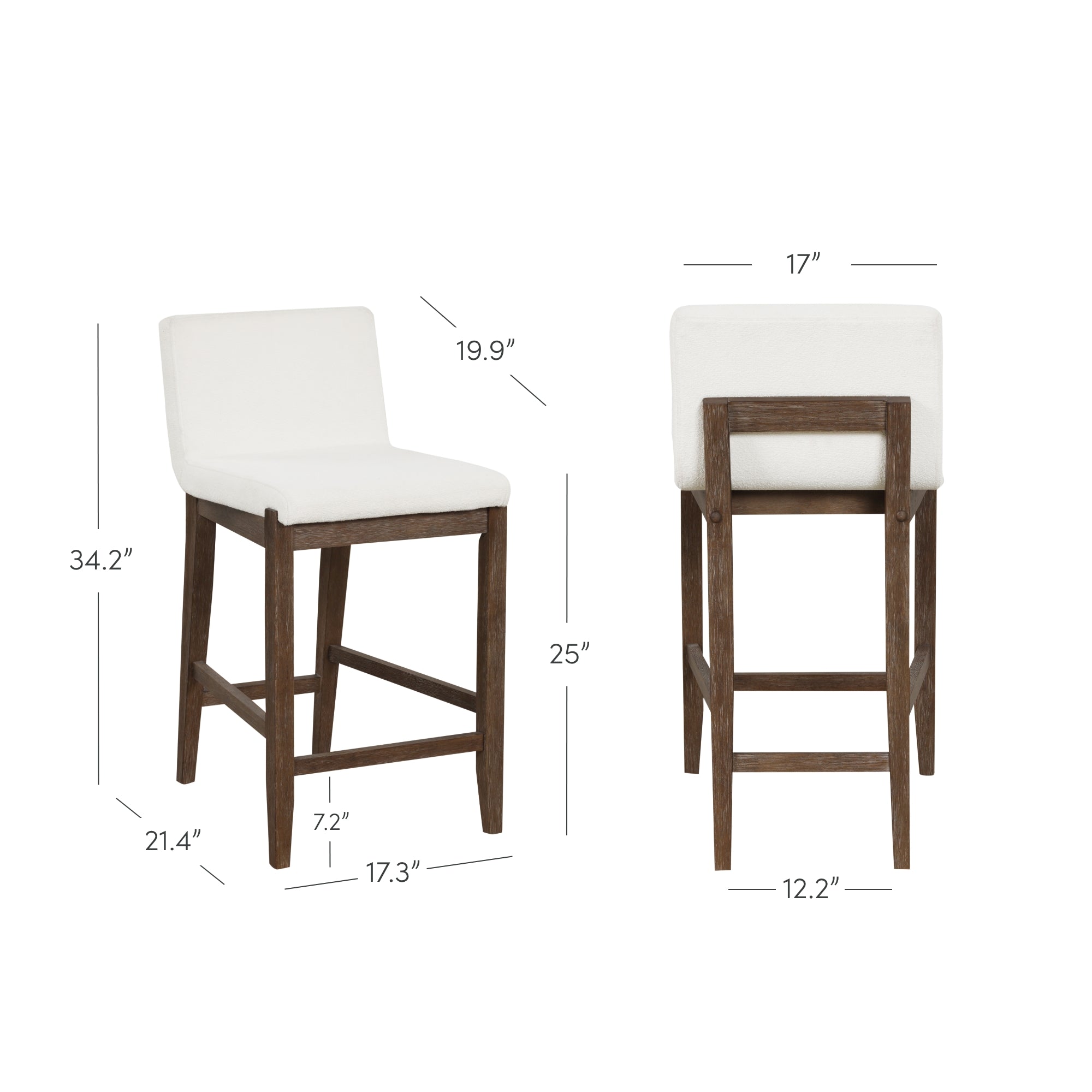 Two white upholstered bar stools with wooden legs are shown from the side and back. Dimensions are labeled, including height (34.2”), seat height (25”), width (17”), and depth (21.4” and 17.3”).
