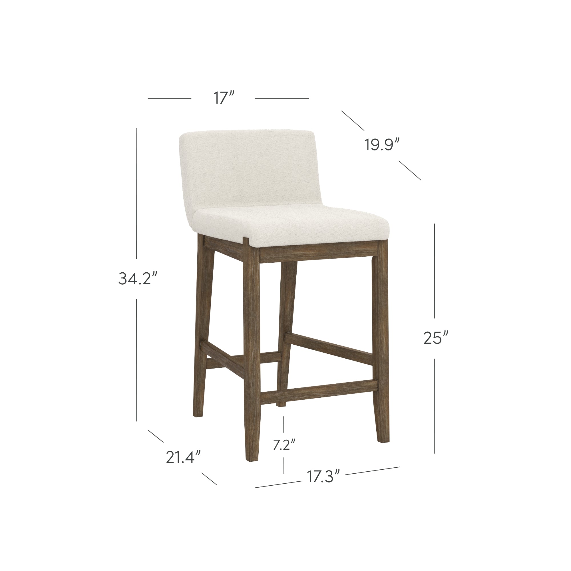 A beige upholstered bar stool with a wooden frame and no arms or backrest, shown with measurements: height 34.2, seat height 25, width 17, depth 19.9, base depth 21.4, leg spacing 7.2 and 17.3.