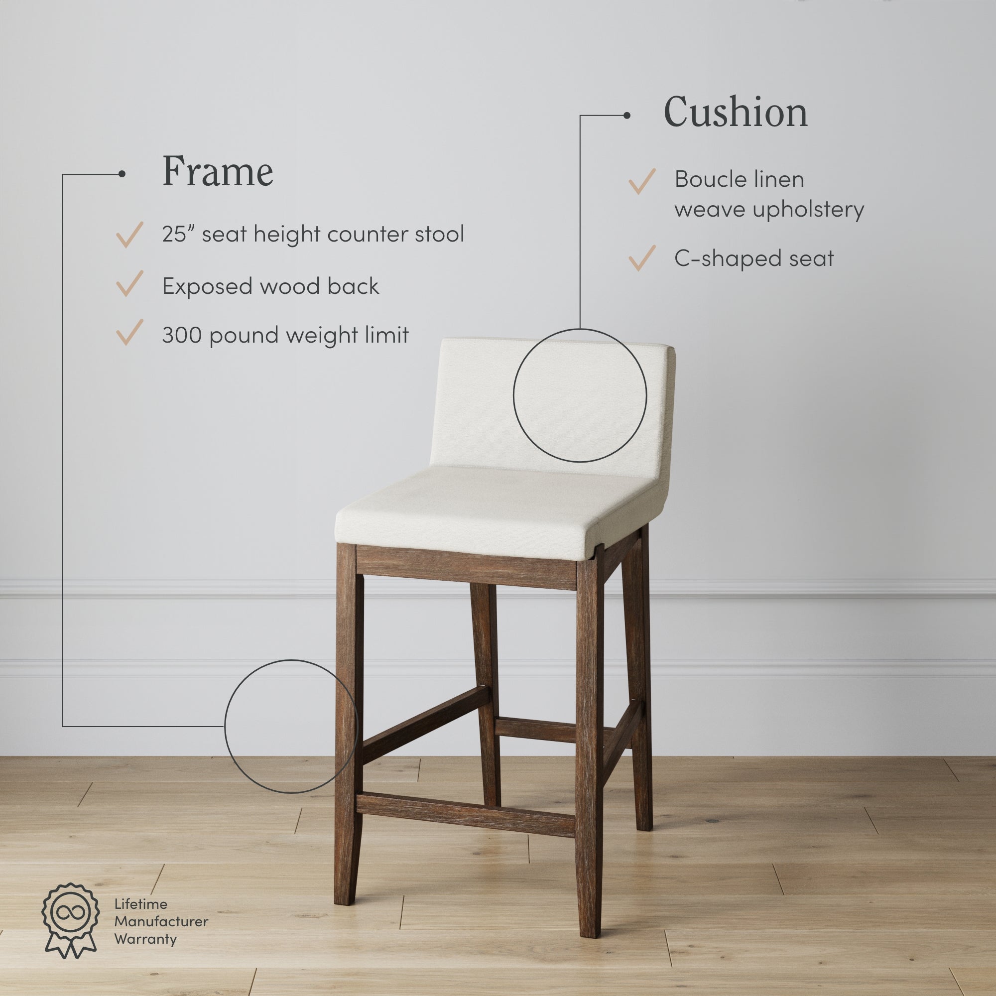 A modern counter stool with a wooden frame and beige bouclé linen cushion. Text highlights a 25 seat height, exposed wood back, 300-pound weight limit, and C-shaped seat. A warranty icon is at the bottom left.