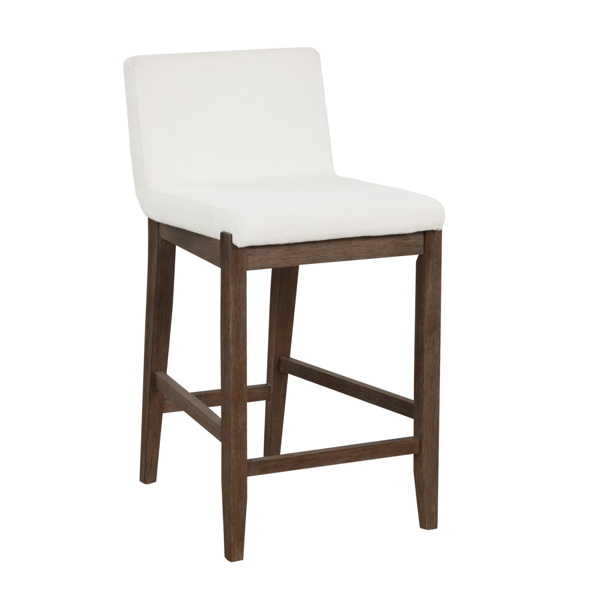 A modern bar stool with a white cushioned seat and backrest, supported by four wooden legs in a dark brown finish, featuring a footrest connecting the legs.
