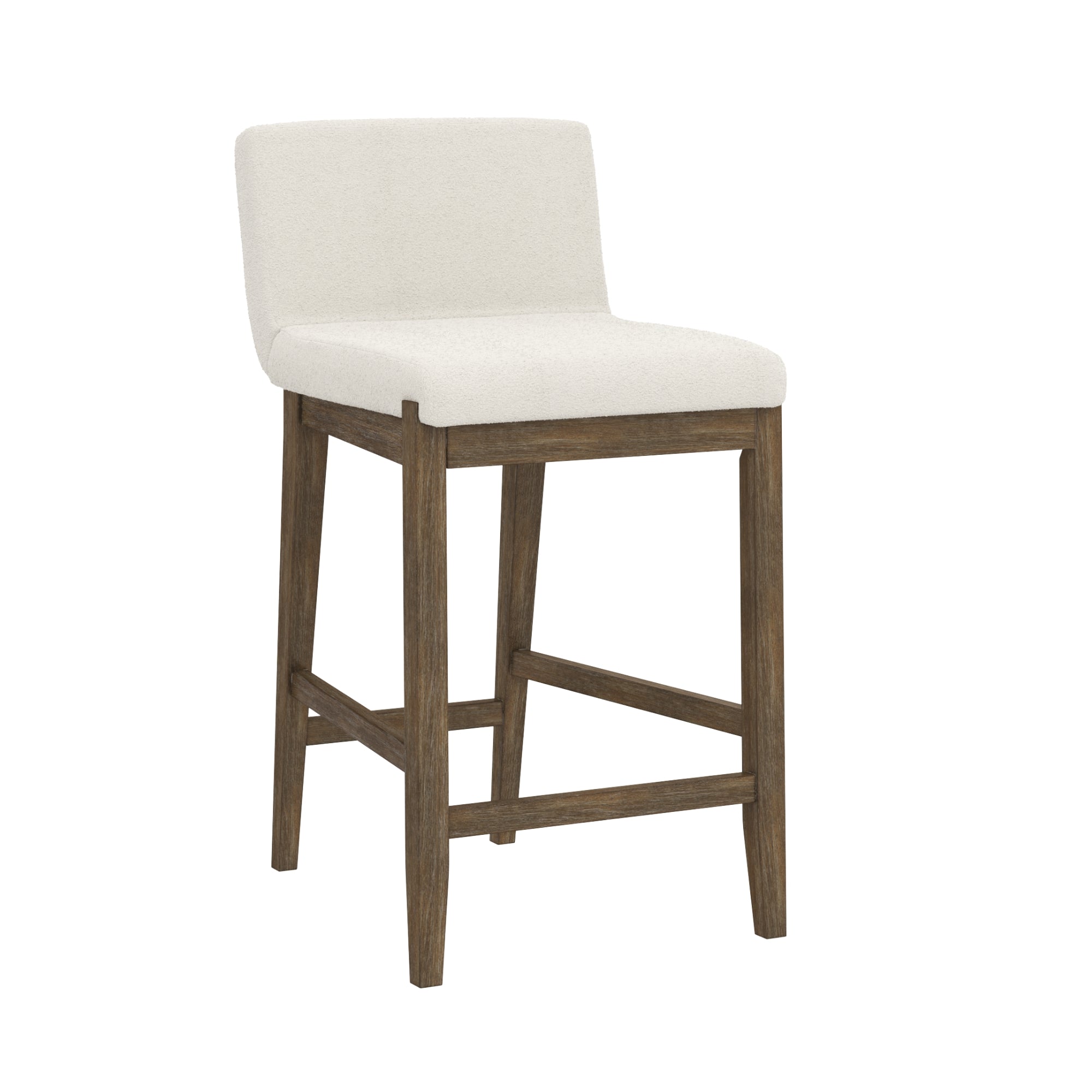 A wooden barstool with a light beige upholstered seat and backrest, featuring straight legs and a footrest bar for support.