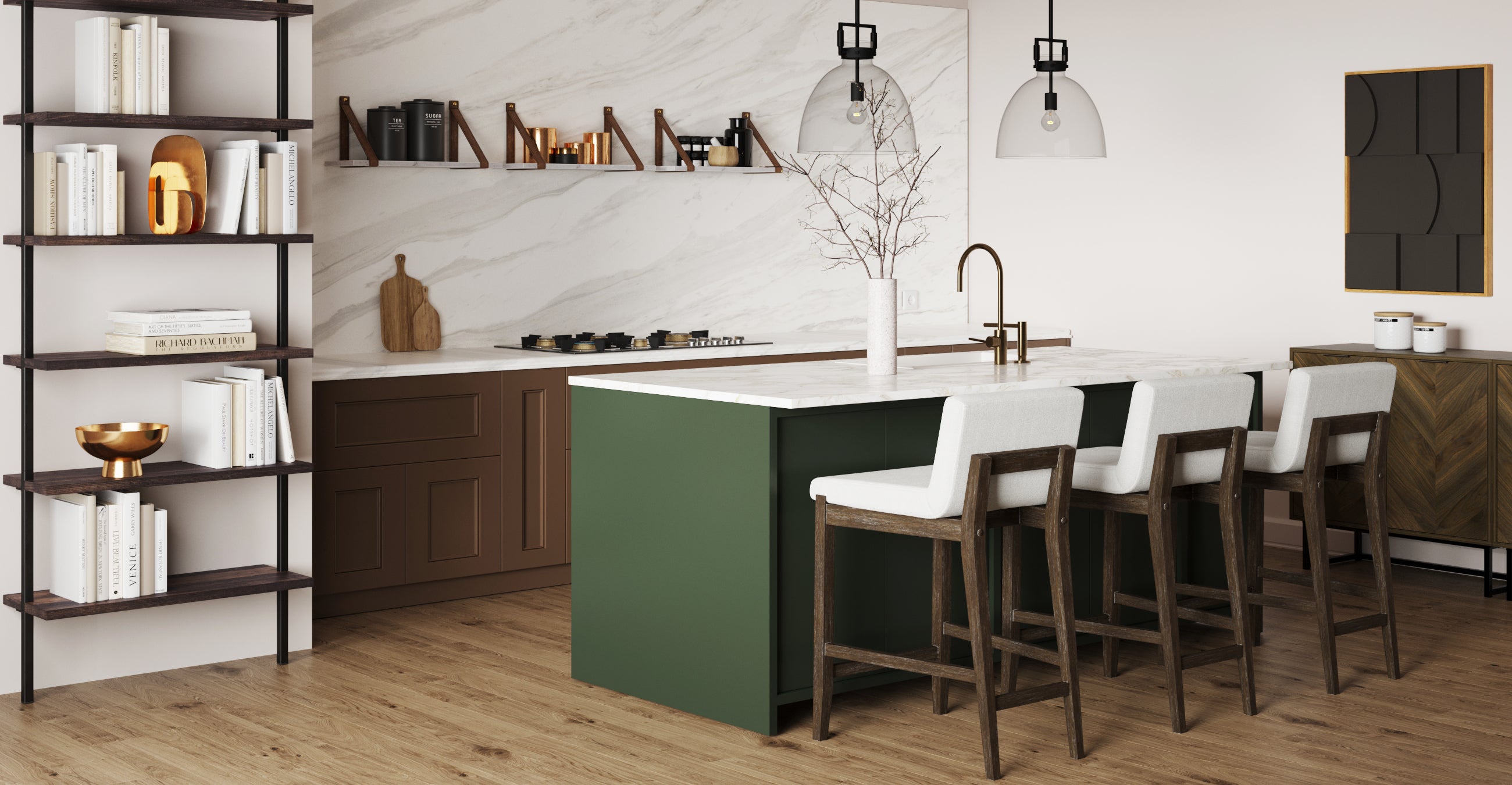 Modern kitchen with a green island, white countertop, four barstools, brown lower cabinets, open shelving with books, pendant lights, wood flooring, and a marble backsplash. A bare branch decorates the island.