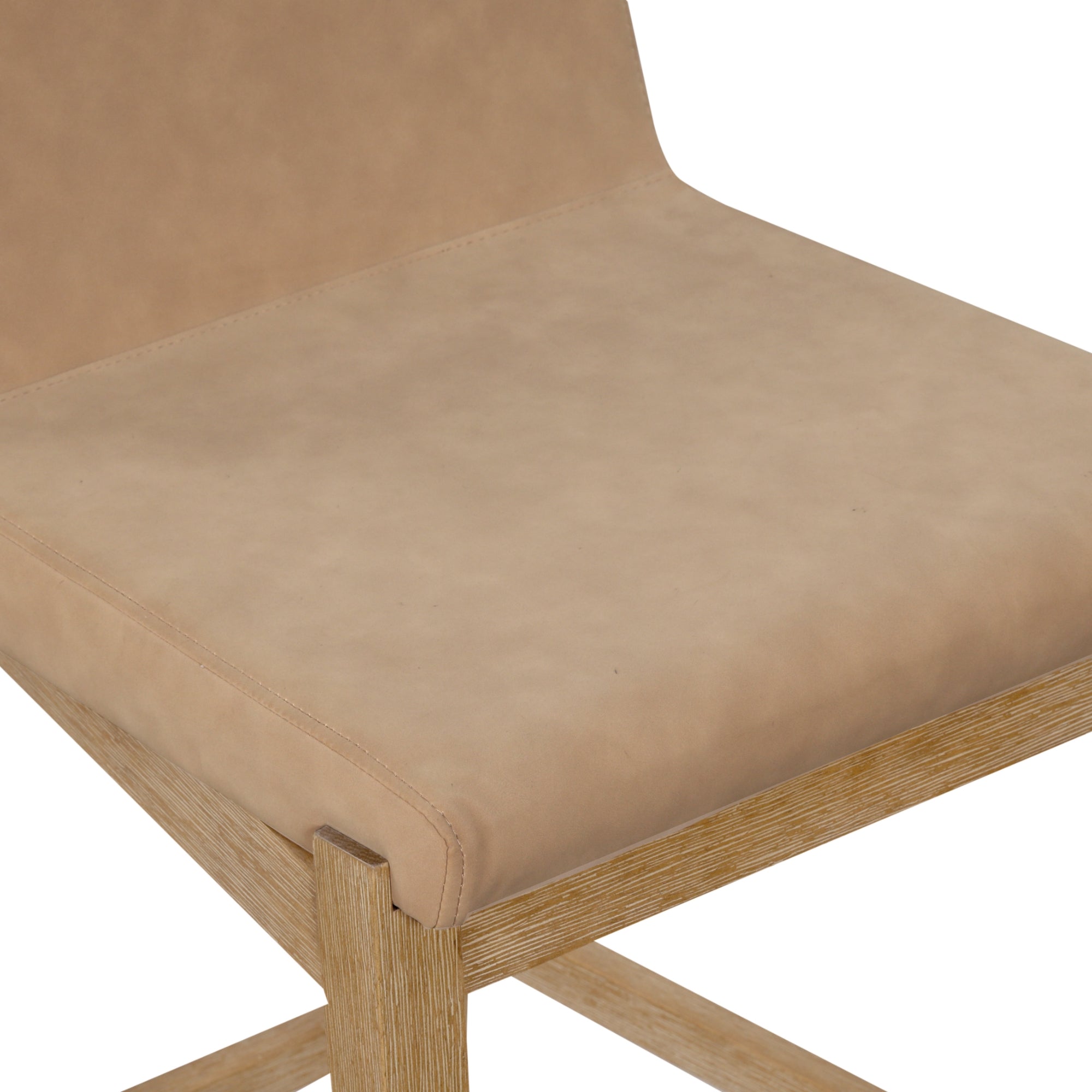A close-up view of a modern chair with a light tan upholstered seat and backrest, supported by a light-colored wooden frame.