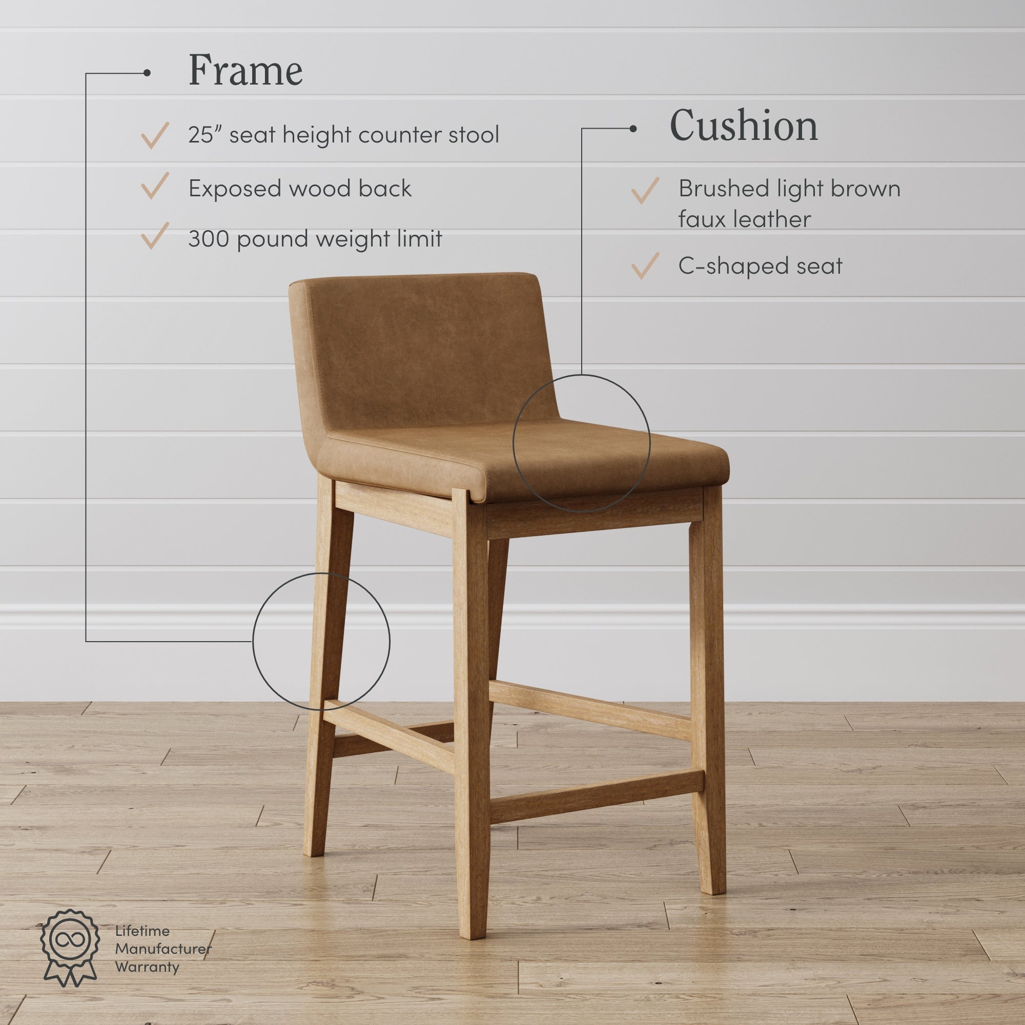 A modern counter stool with a 25-inch seat height, exposed wood back, and light brown faux leather C-shaped seat, positioned on a wooden floor against a white paneled wall. Text highlights product features.