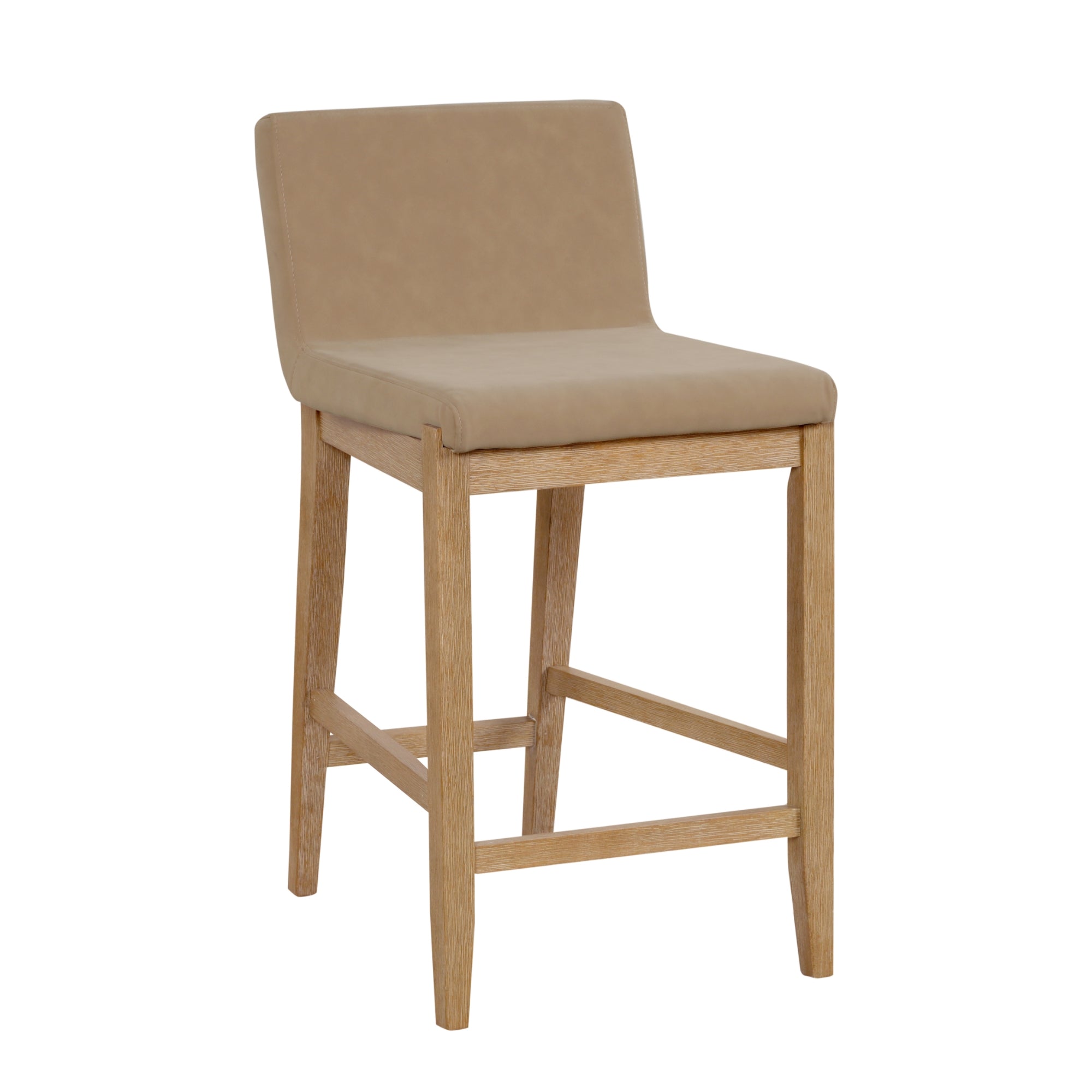 A modern counter-height chair with a light wood frame and tan upholstered seat and backrest. The design is simple and contemporary with clean lines and minimal detailing.