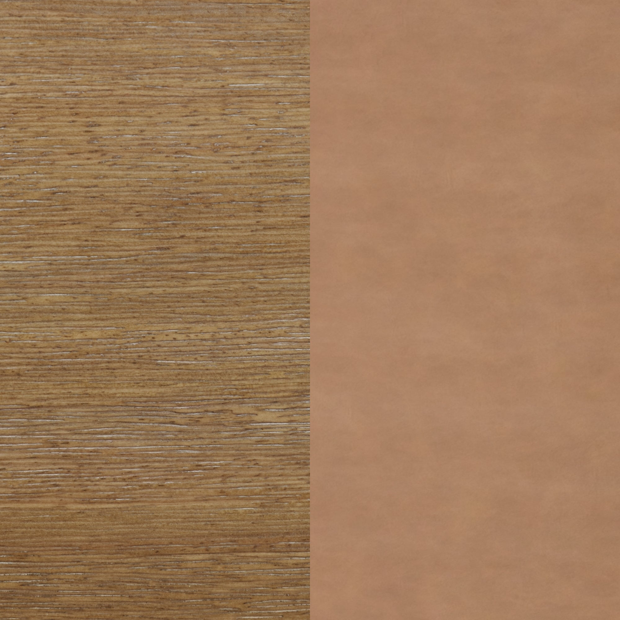 Image split vertically: the left half shows a textured brown wood grain surface, while the right half displays a smooth, light brown surface resembling leather or suede.