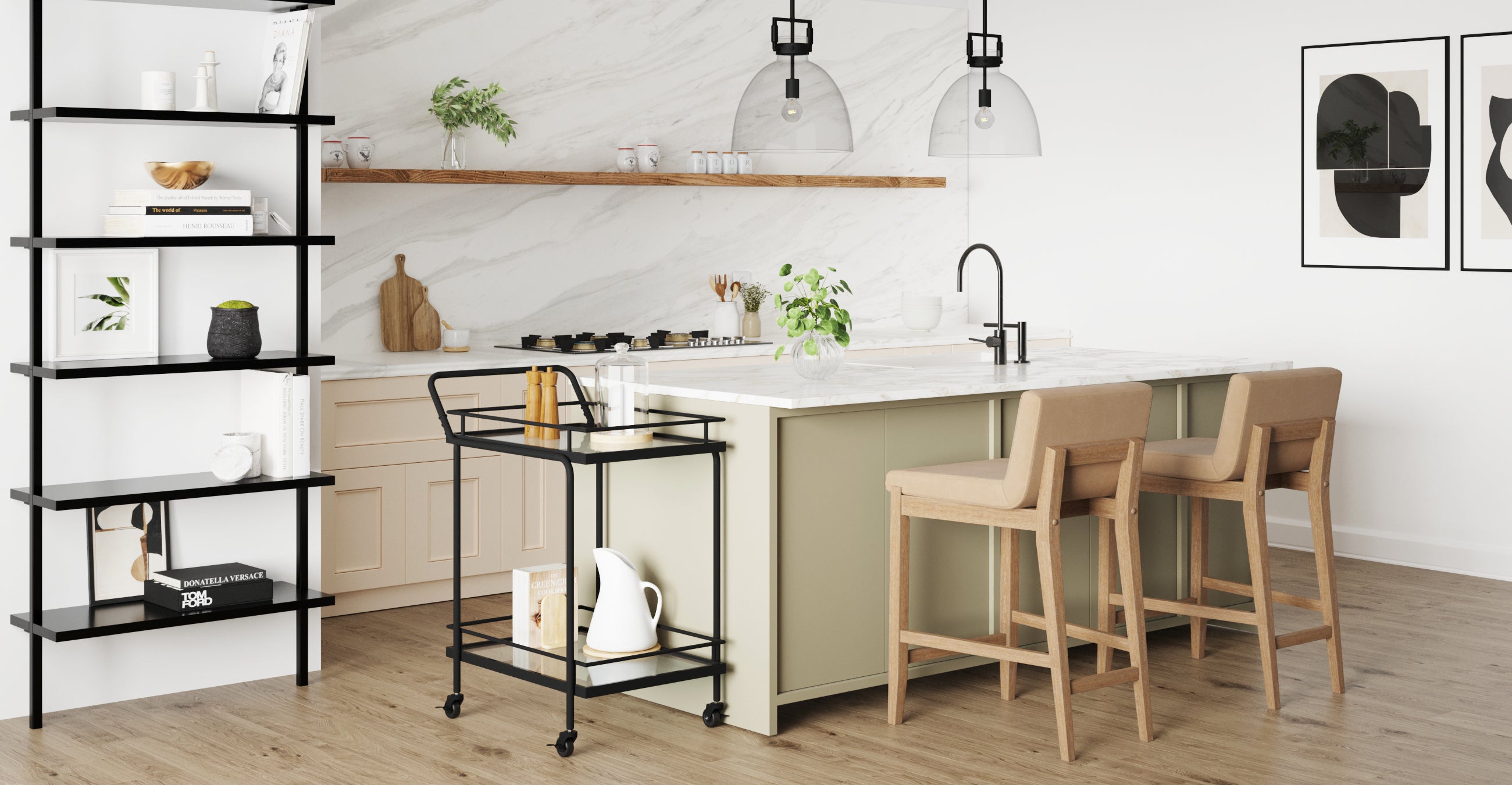 Modern kitchen with a marble countertop island, two beige barstools, black metal cart, open shelving with books and decor, wooden floor, wall art, and pendant lights hanging above the counter.