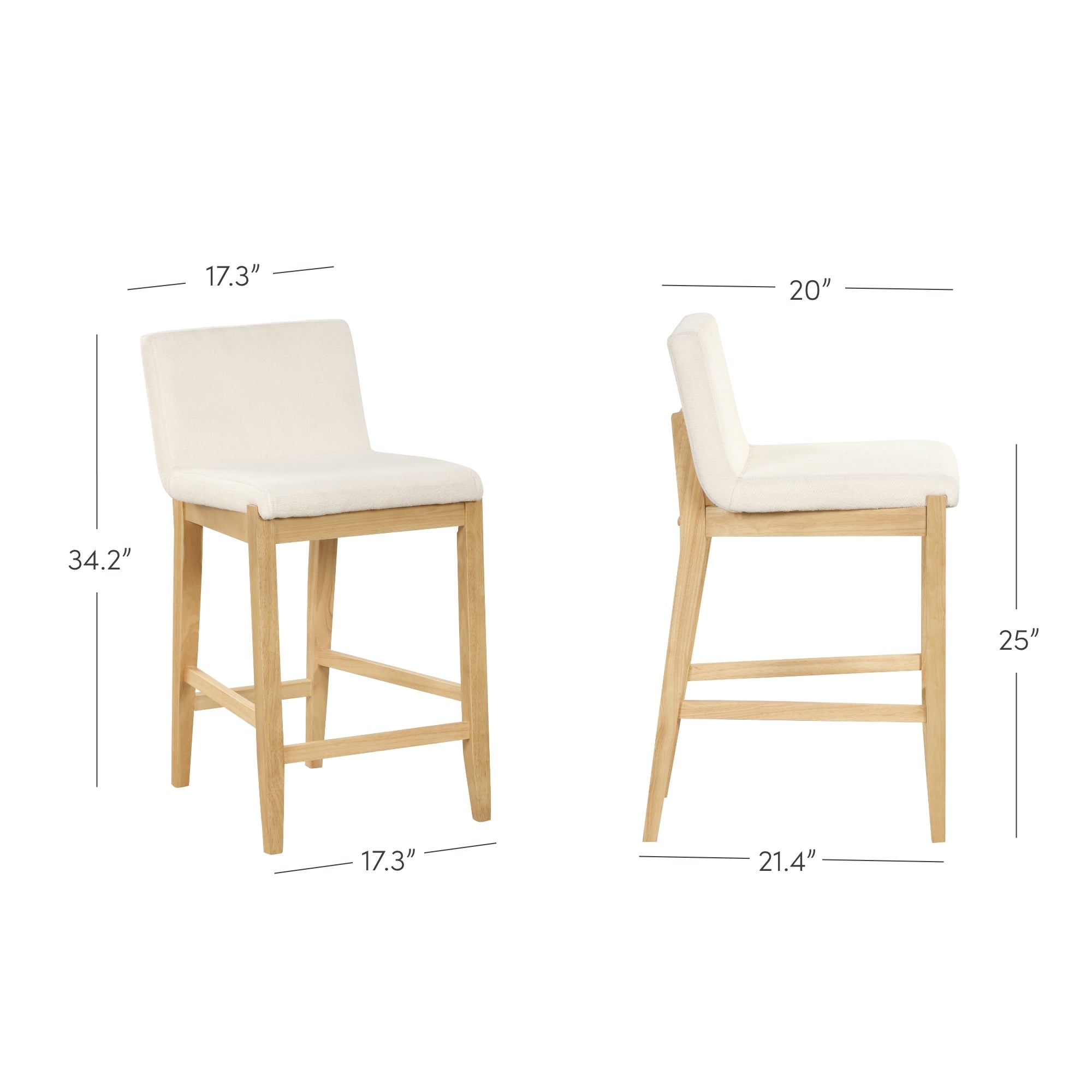 Two white and light wood bar stools shown from the front and side angles, with dimensions labeled: height 34.2, seat height 25, width 17.3, seat depth 17.3, and overall depth 21.4.