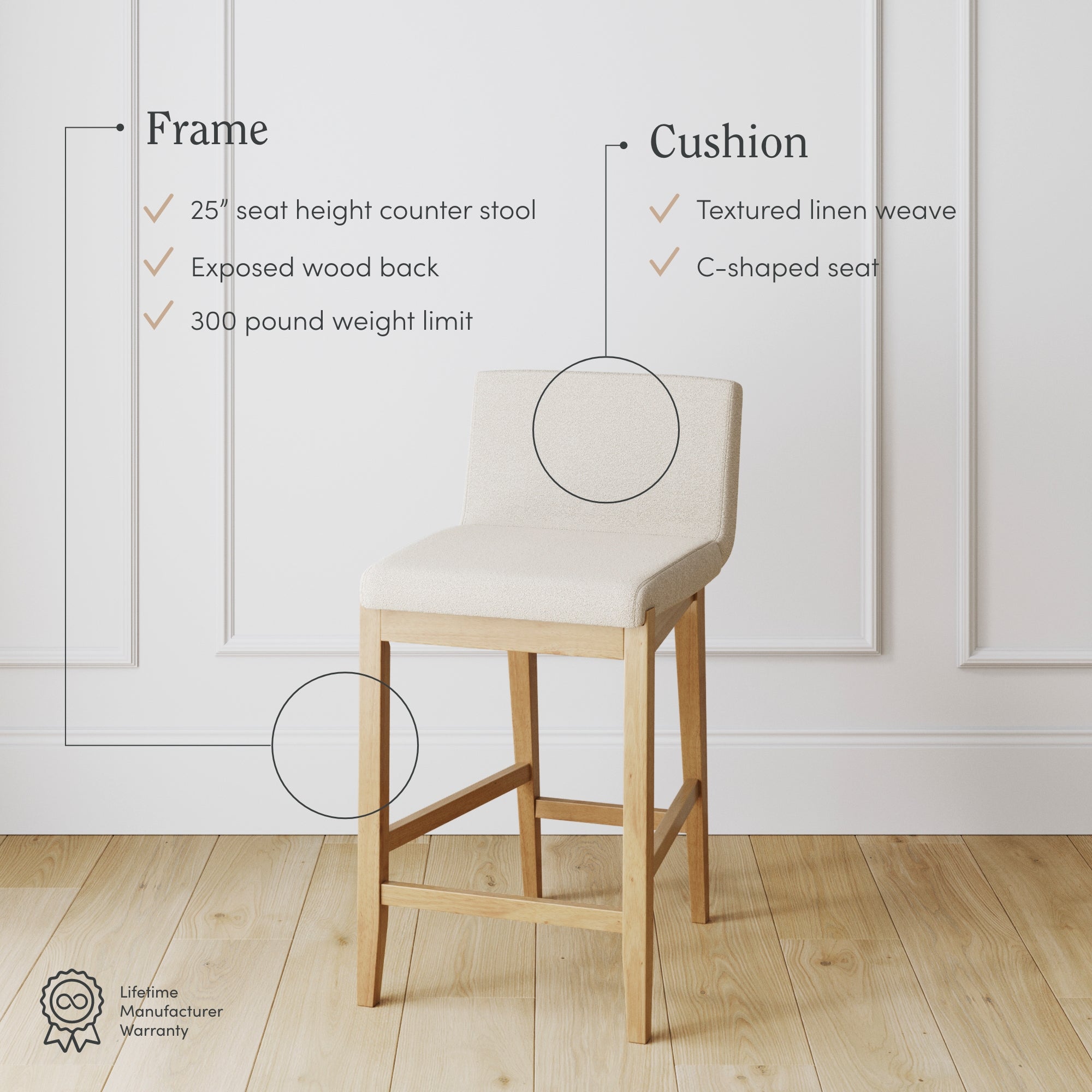 A light wood counter stool with a cream linen seat and backrest sits on a wooden floor. Text highlights its 25” seat height, exposed wood back, 300 lb weight limit, textured linen cushion, and C-shaped seat.