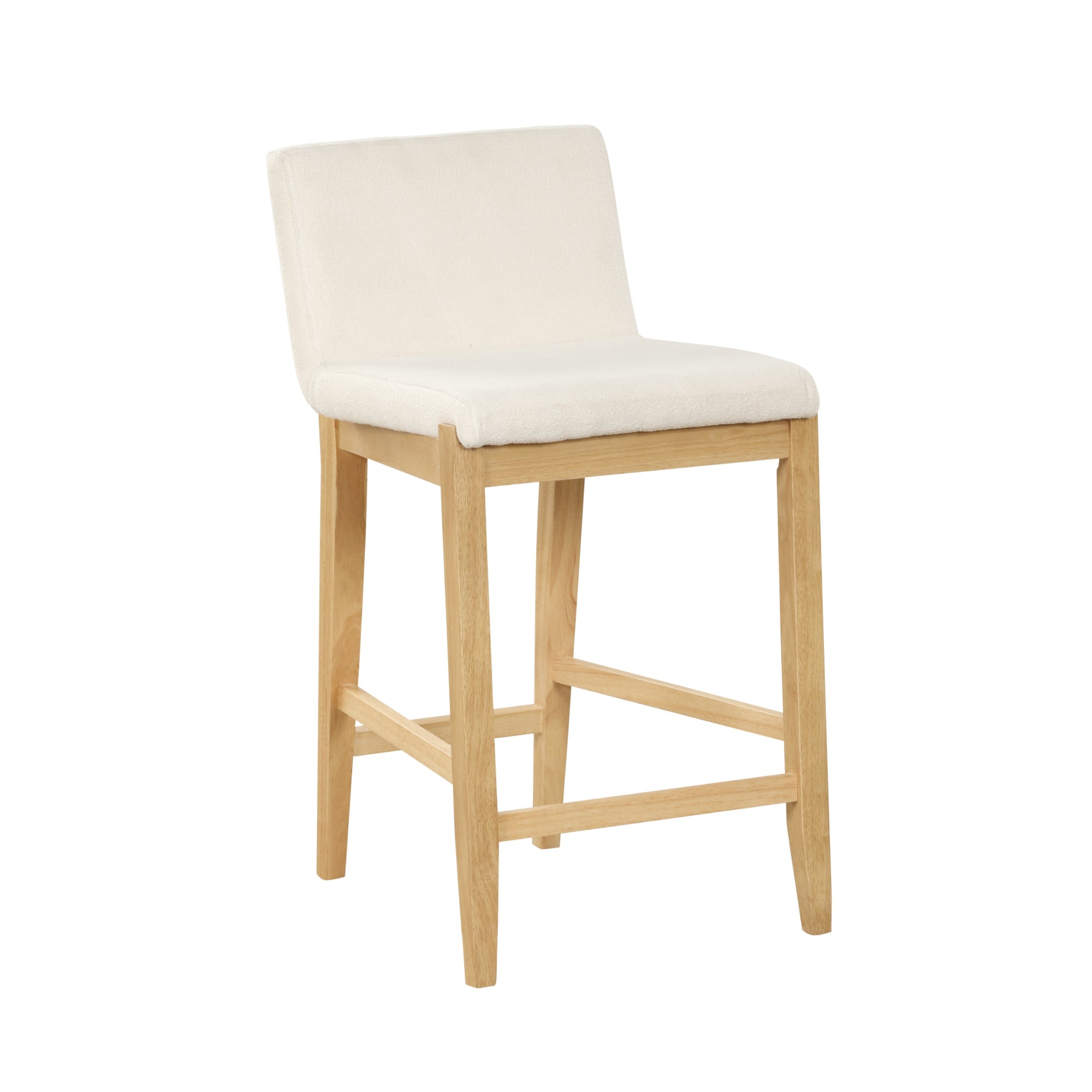 A light wood bar stool with a white upholstered seat and a low, angled backrest. The stool has four legs with footrests connecting them for support.