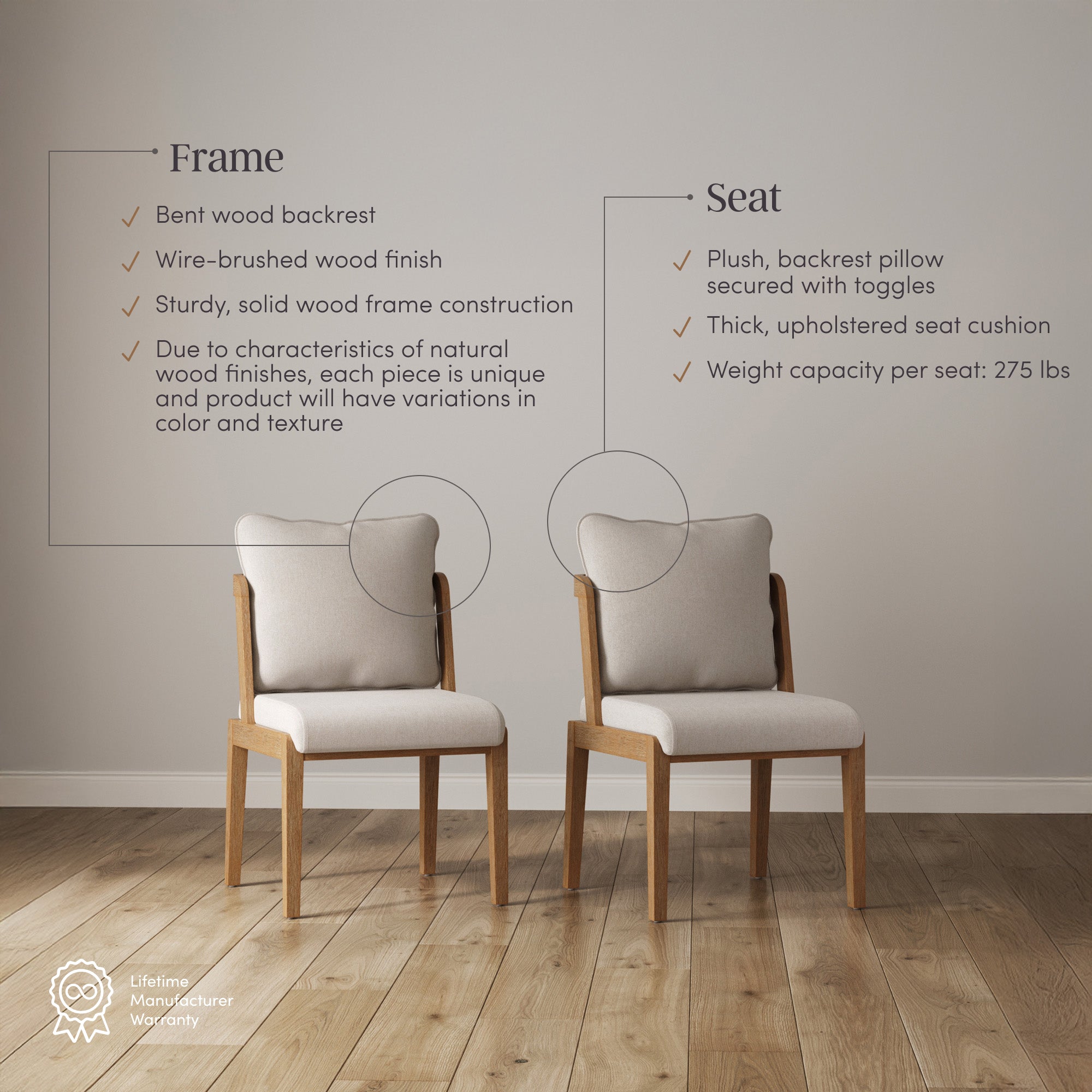 Two wooden chairs with light beige upholstered seats and backrests are placed side by side in a minimalist room. Text highlights frame and seat features, including wood finish and plush cushioning, on a neutral wall background.