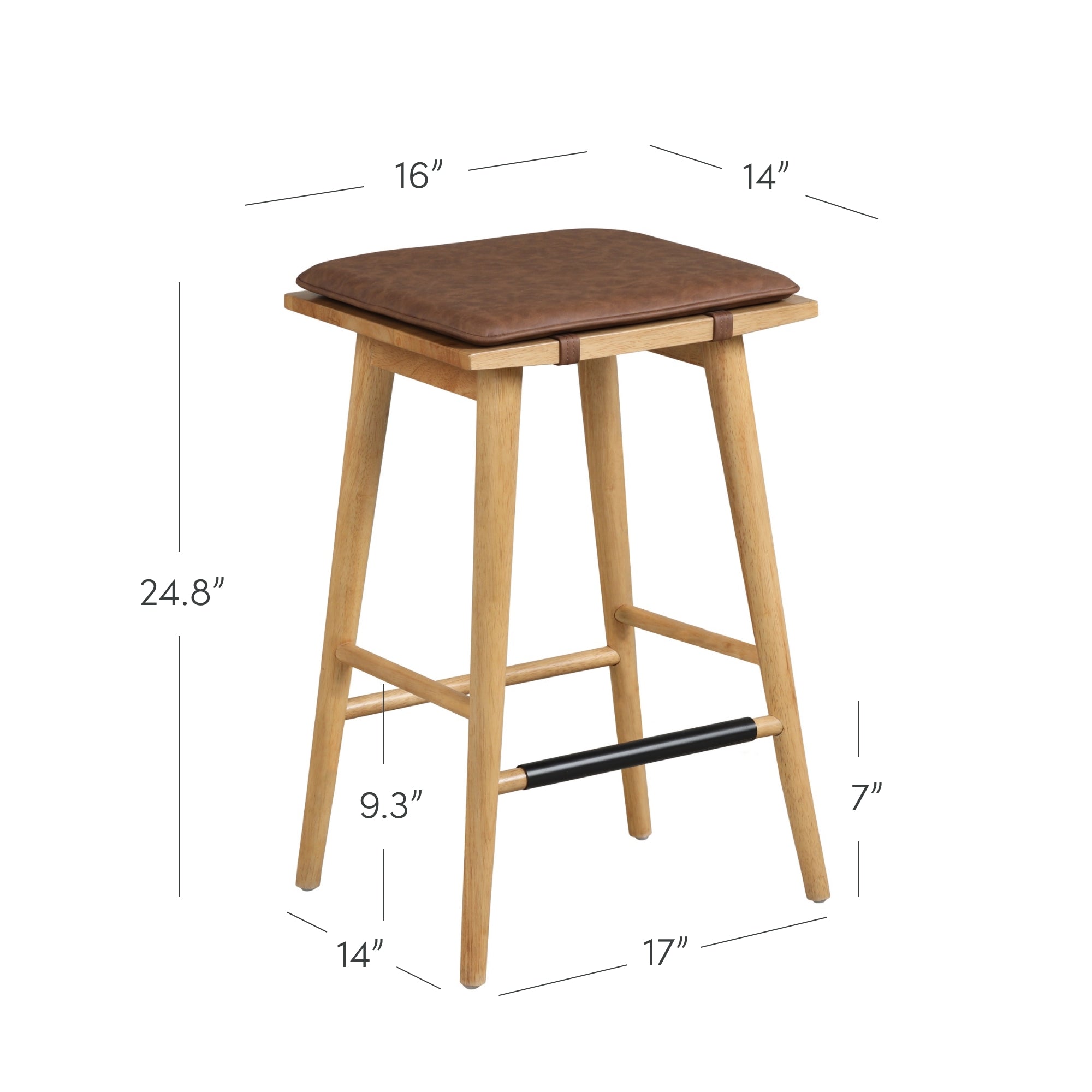 A wooden bar stool with a brown cushioned seat. Dimensions are labeled: seat width 16, depth 14, height 24.8; leg spacing 17 wide, 14 deep; footrest height 7, seat to footrest 9.3.