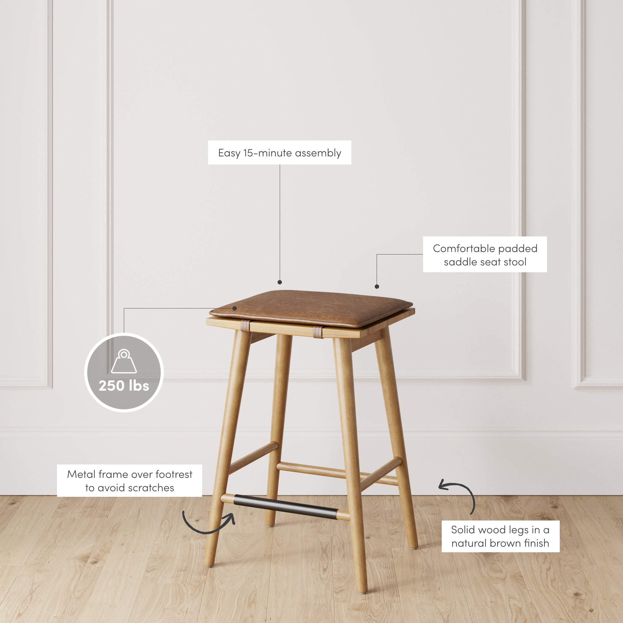 A wooden bar stool with a padded brown saddle seat, metal footrest, and solid wood legs in a natural finish. Labels highlight 250 lb weight capacity, 15-minute assembly, and features for comfort and durability.
