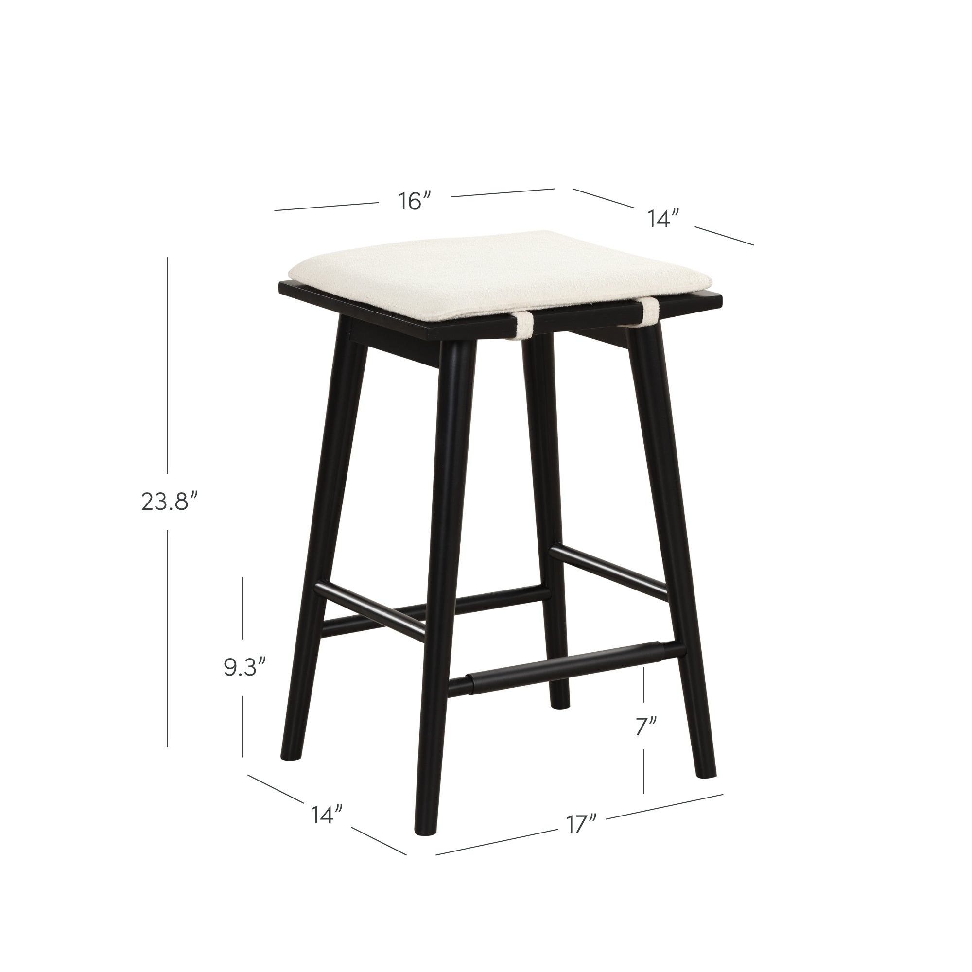 A black wooden bar stool with a white cushioned seat. Dimensions are labeled: height 23.8, seat 16x14, seat height 9.3; base dimensions 14x17 wide and 7 deep.