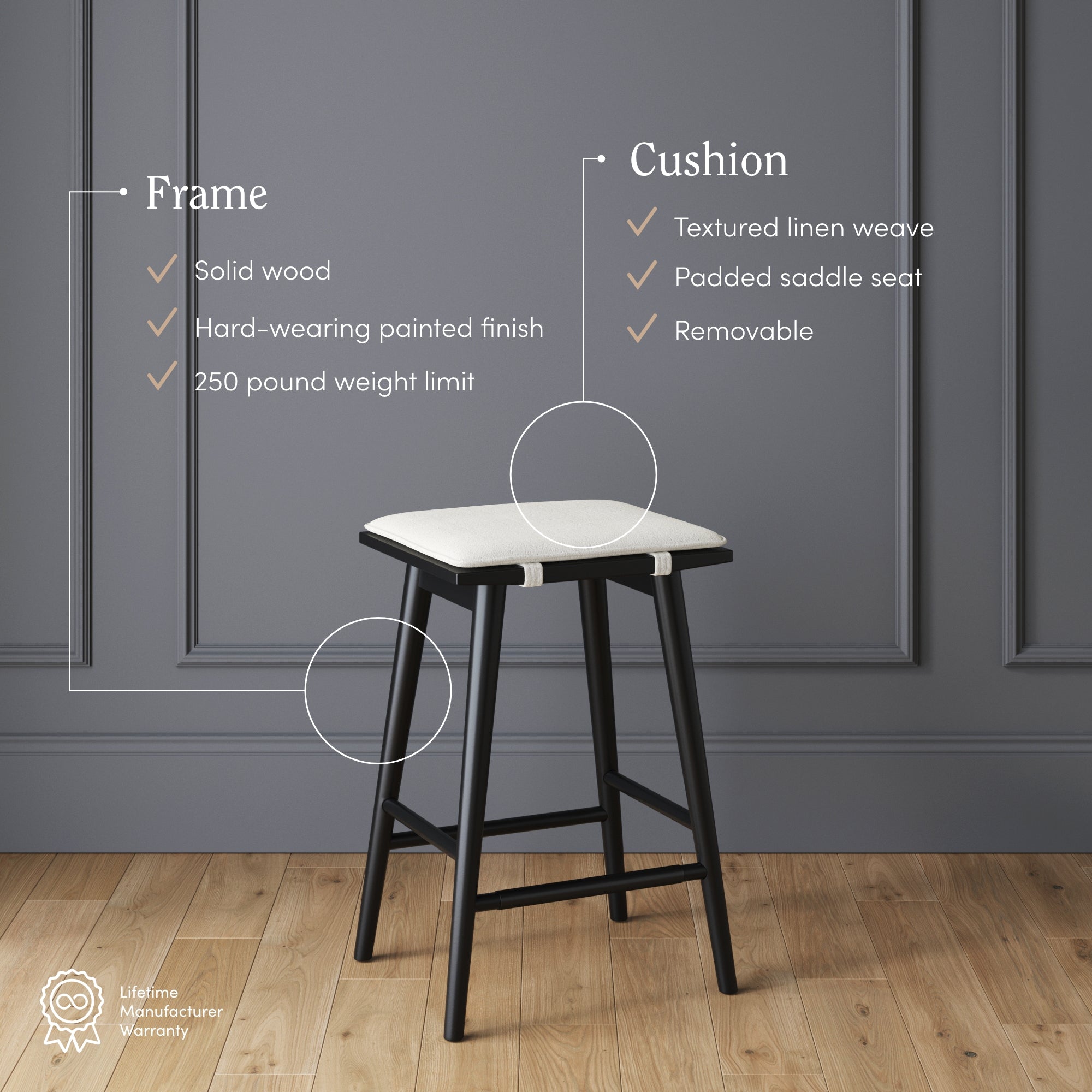 A tall stool with a black wooden frame and a light-colored, textured linen padded saddle seat stands on a wood floor. Text highlights the solid wood frame, painted finish, 250 lb limit, and removable cushion.