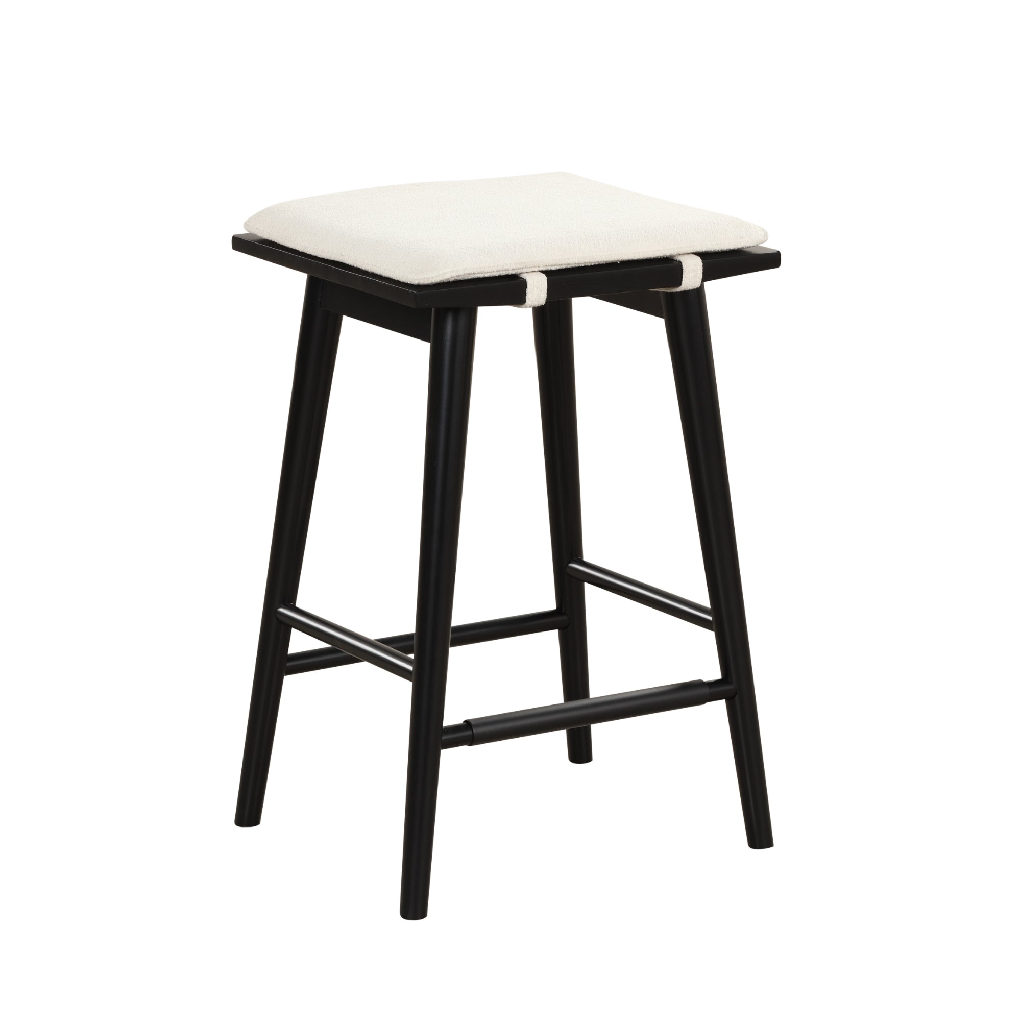 A black wooden bar stool with four legs and a footrest, featuring a square, light-colored cushioned seat on top. The background is plain white.
