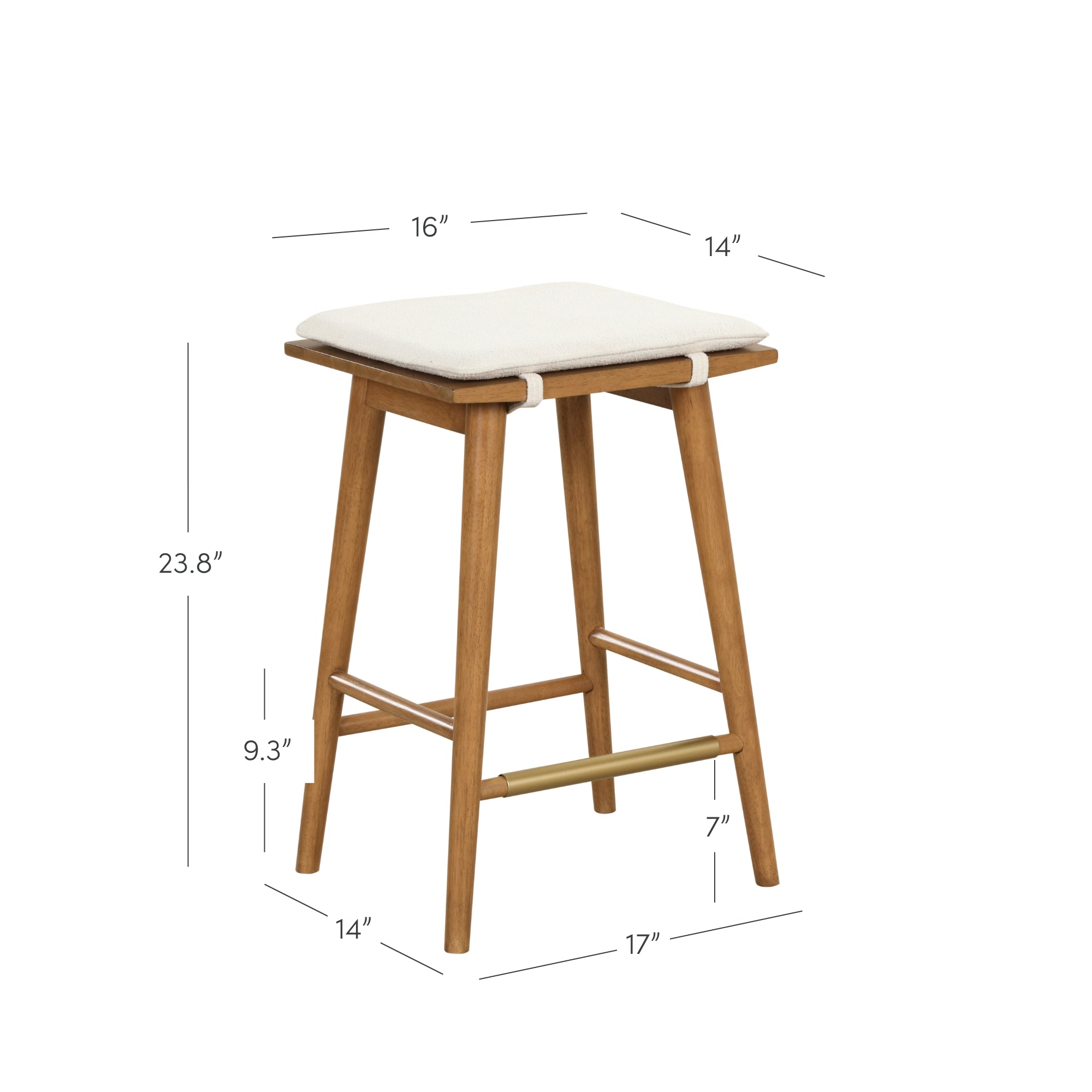 A wooden bar stool with a cushioned white seat, footrest, and mid-century design. Dimensions are labeled: 23.8 tall, seat 16 x 14, base 17 x 14, and footrest 7 from the ground, seat 9.3 from the footrest.