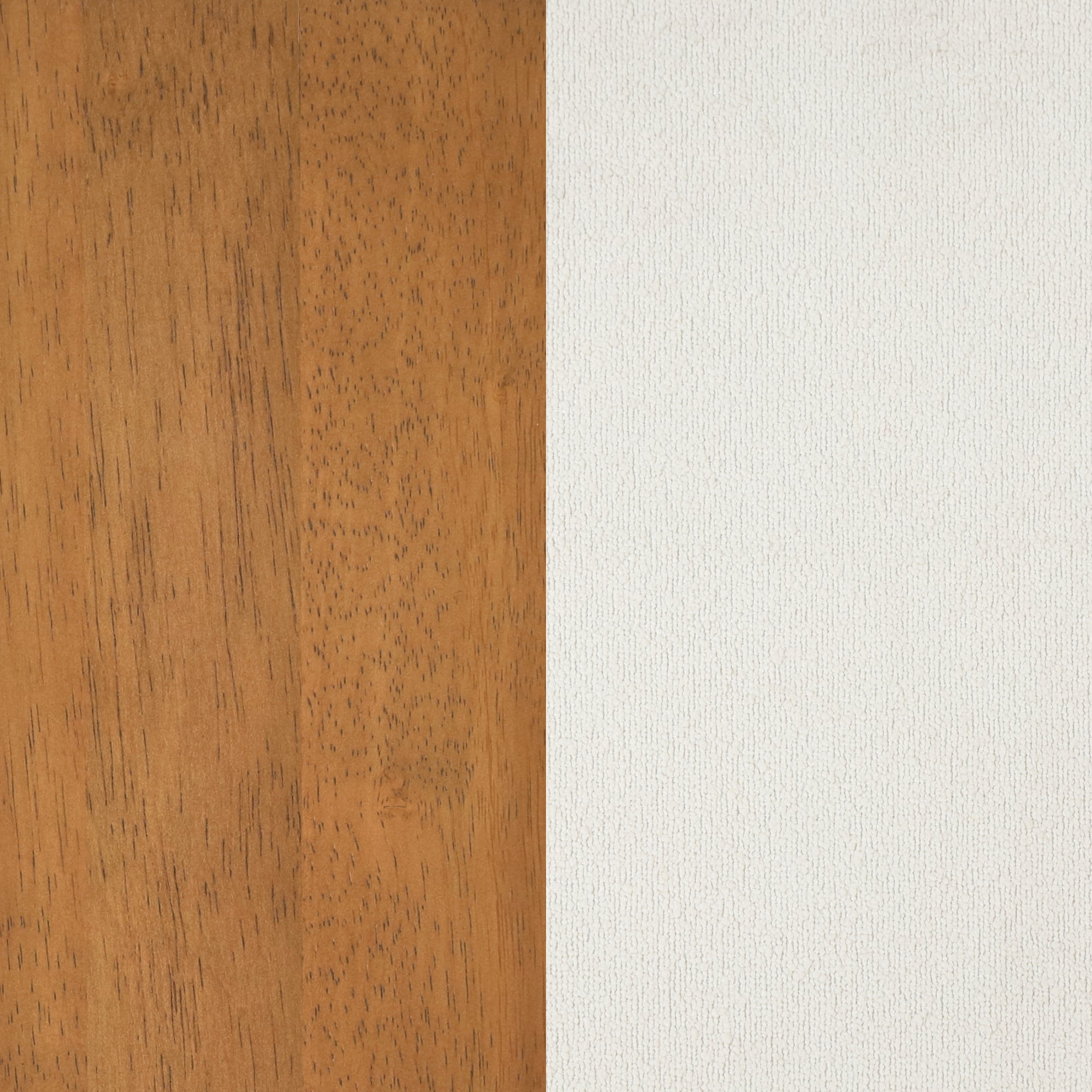 A vertical split image with the left half showing a smooth, warm brown wood texture and the right half displaying a plain, off-white textured surface.
