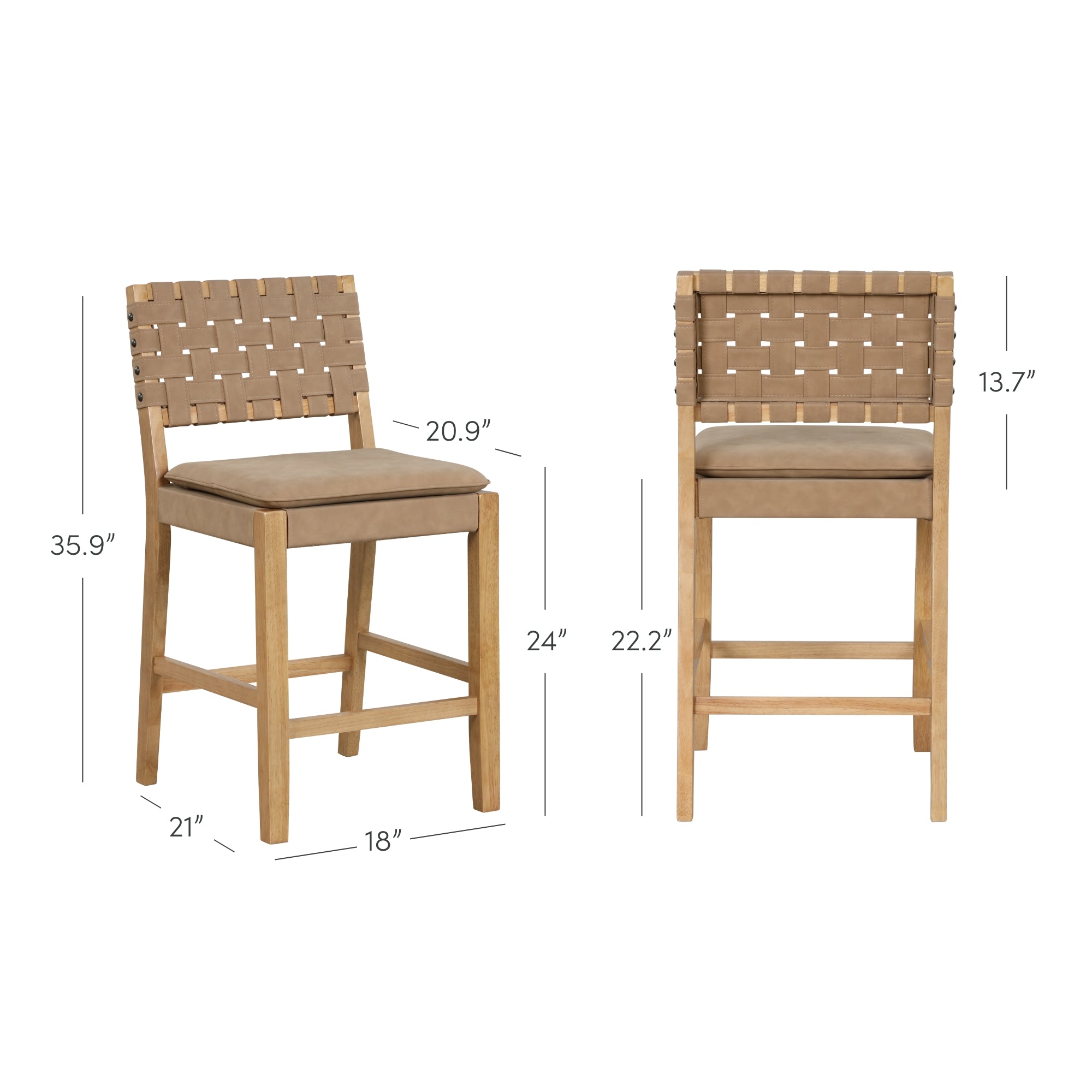 Two wooden bar stools with light brown woven backrests and cushioned seats are shown side by side. Dimensions for seat height, depth, width, and backrest height are labeled in inches.