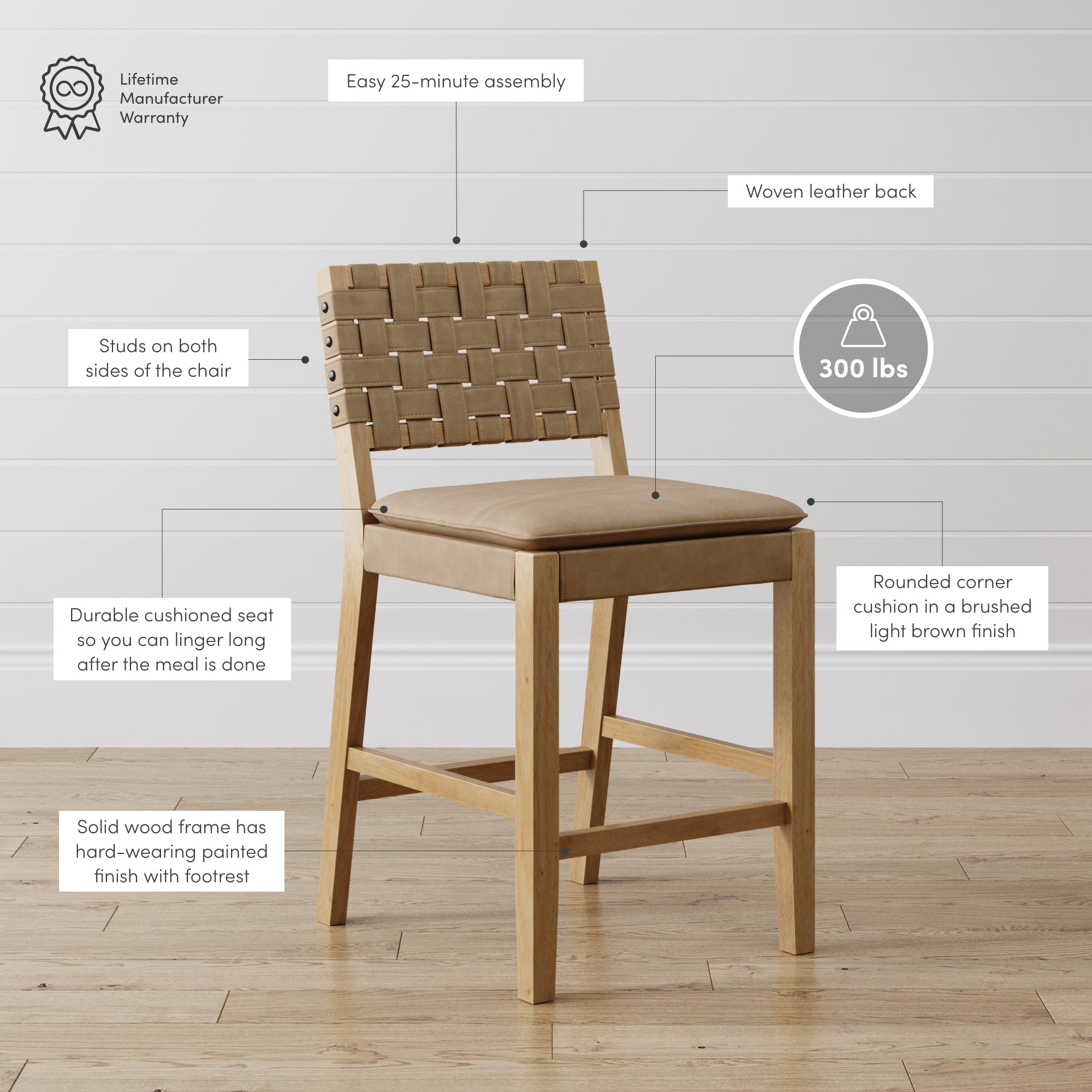 A wooden chair with a woven leather back, cushioned seat, footrest, and rounded corners. Text highlights a 300 lb weight limit, 25-minute assembly, durable and stylish materials, and a lifetime warranty.