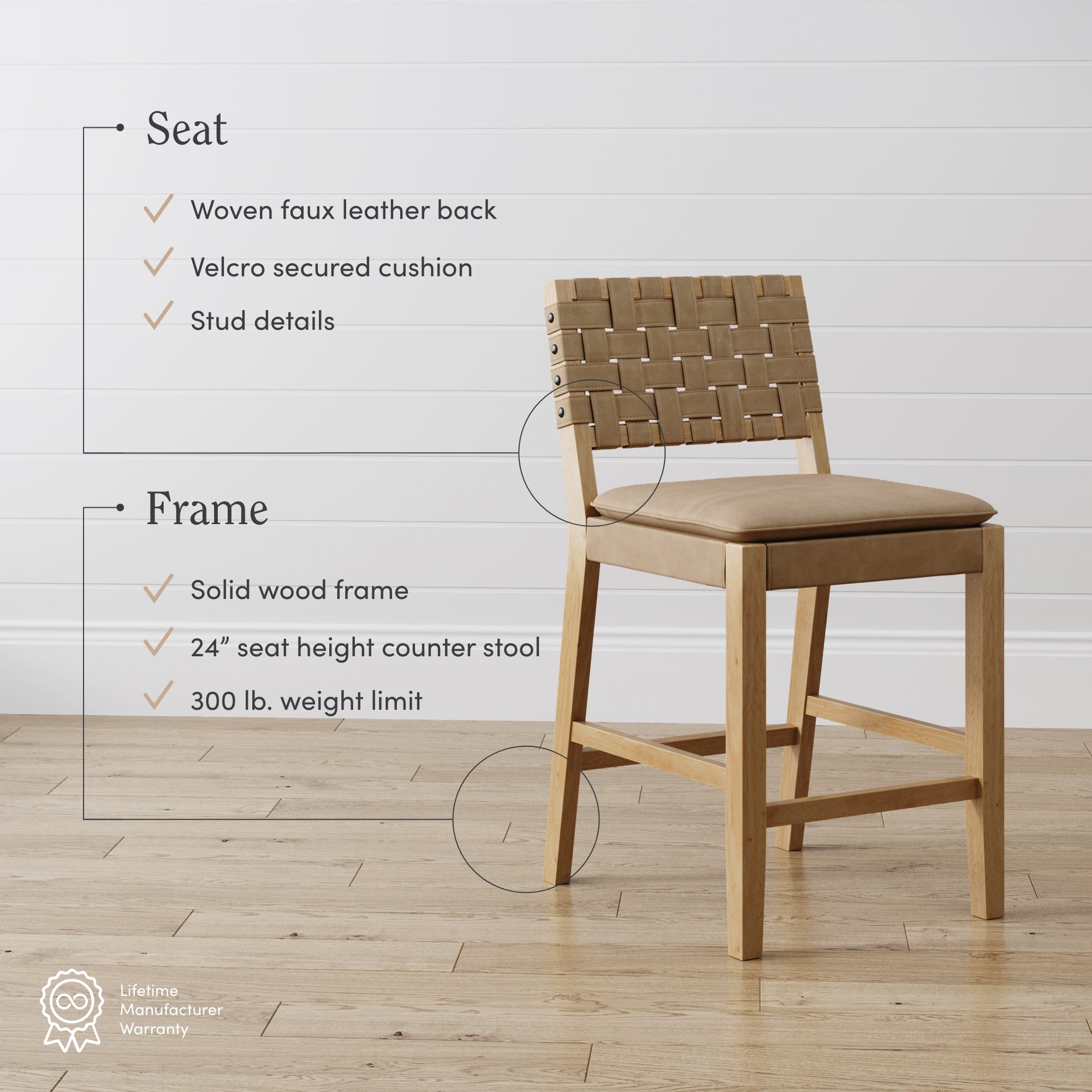 A light wood counter stool with a woven faux leather back, beige cushion seat, stud details, and a solid wood frame. Text highlights its 24” seat height, 300 lb weight limit, and lifetime warranty.