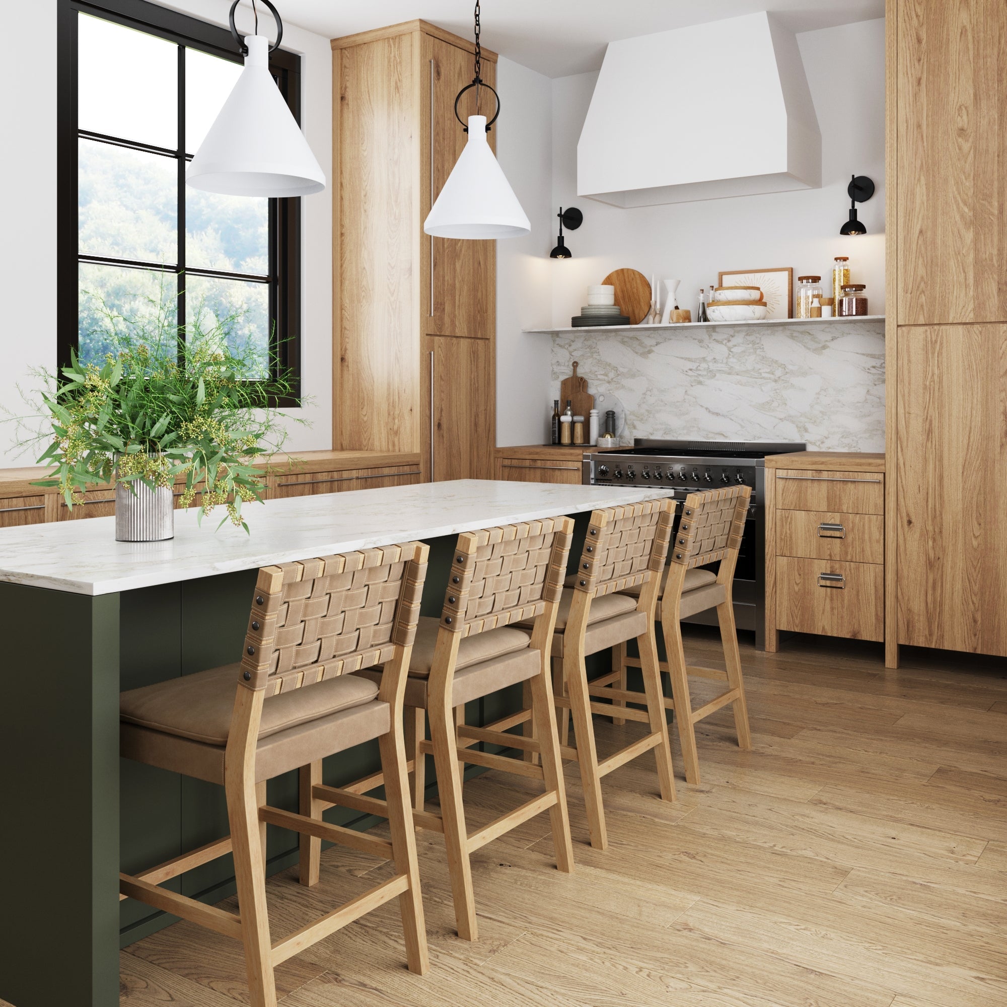 Modern kitchen with light wood cabinets, marble backsplash, a large island with white countertop, and Nathan James Woven Counter Height Bar Stools in brown. Pendant lights hang above, natural light streams in, and a green plant sits on the island.