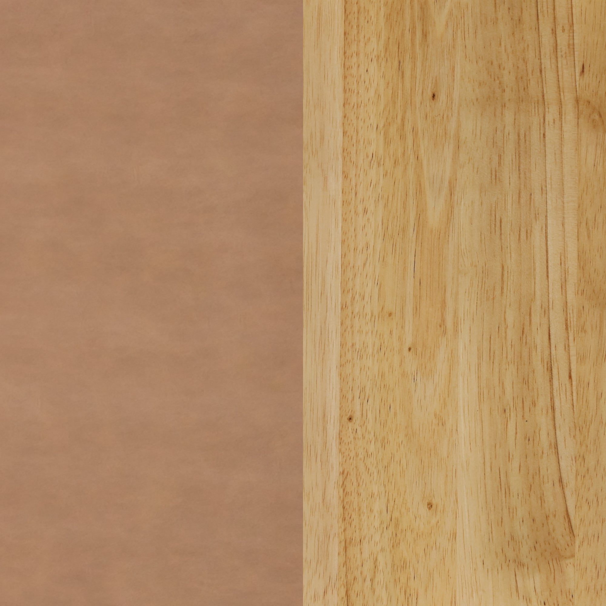 A vertical split image showing brown leather texture on the left and light wood grain on the right, highlighting the contrast between the two materials.