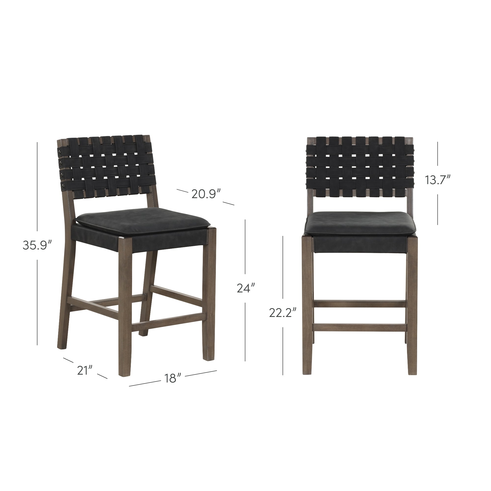 Two wooden bar stools with black woven backs and seats, shown with dimensions: 35.9 height, 21 depth, 18 width, seat height 24, back height 13.7, and seat depth 20.9.