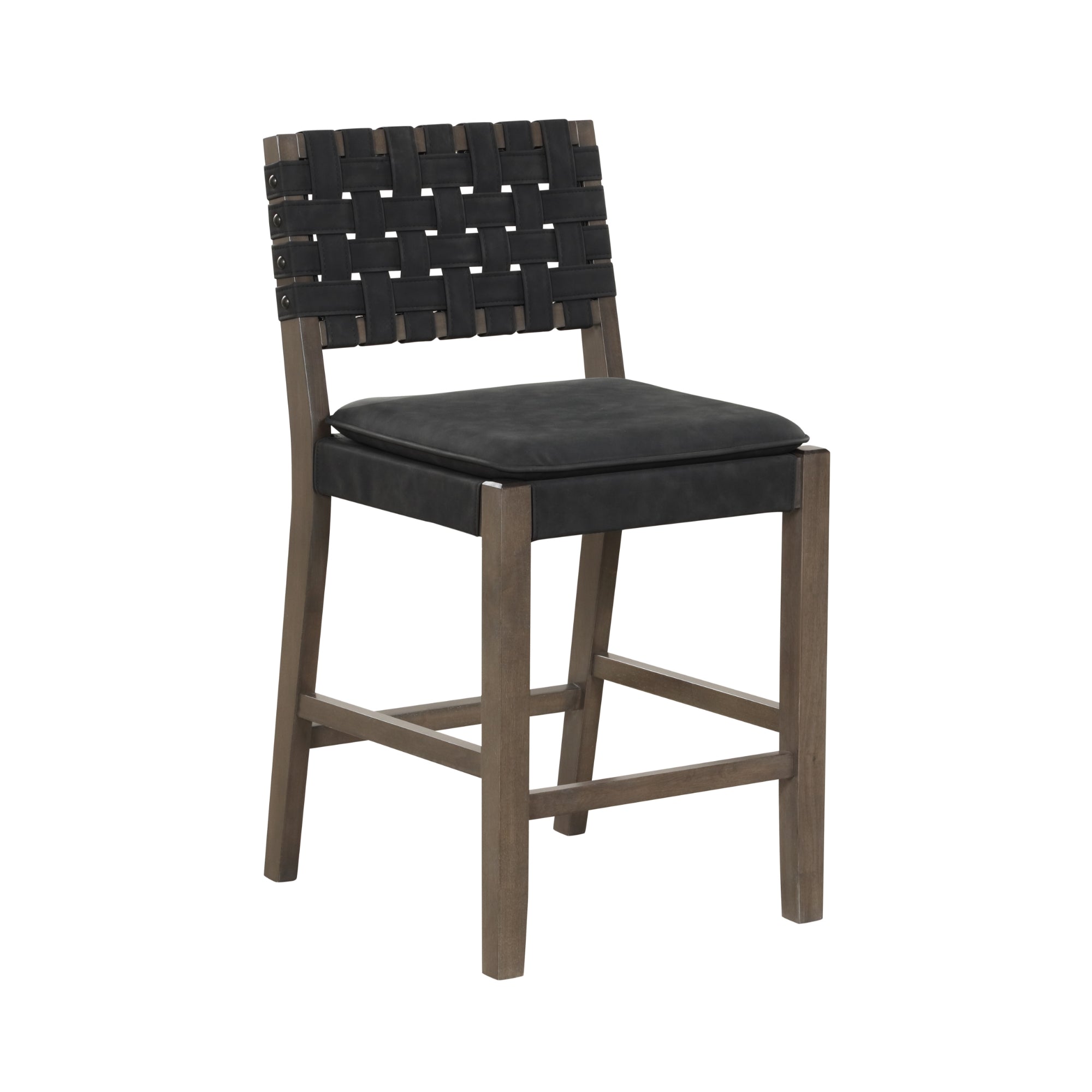 A wooden bar stool with a dark cushioned seat and a backrest made of black woven straps, featuring a sturdy, light brown wooden frame and footrest.