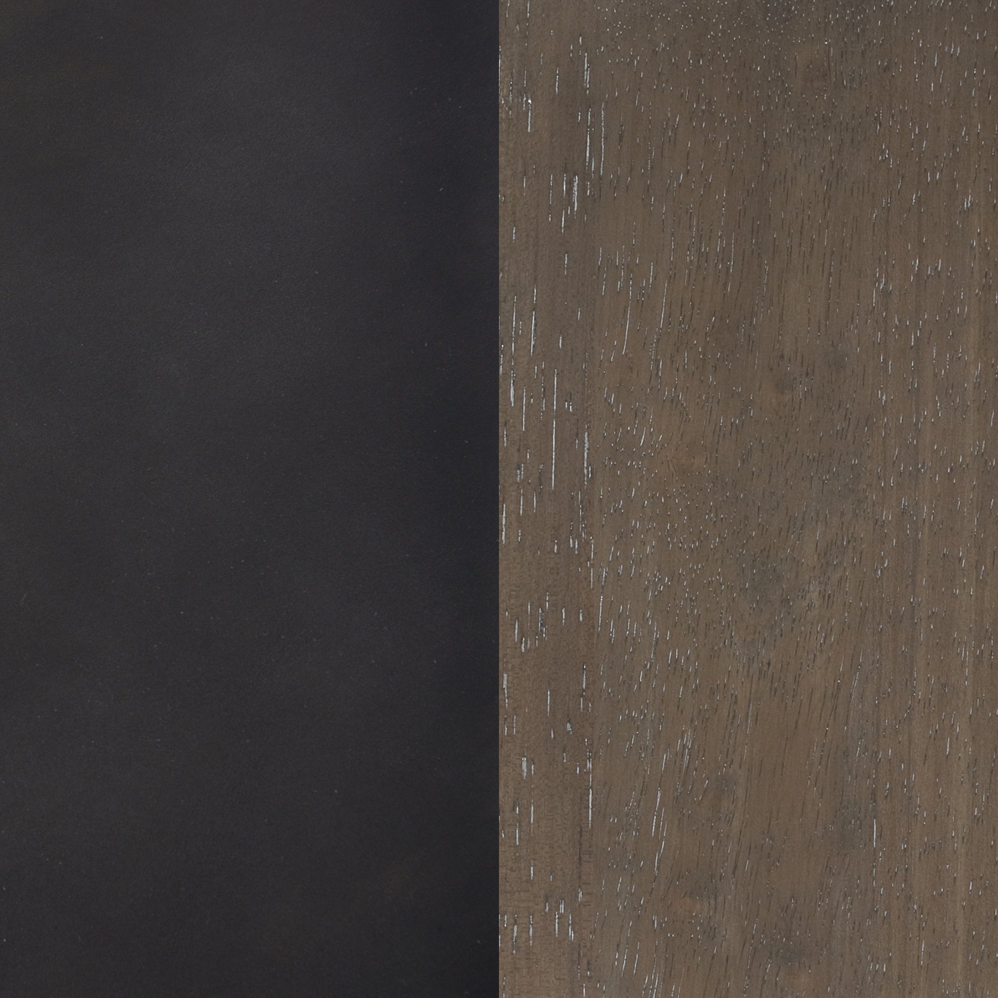 A split image showing two surfaces: the left side is smooth and black, while the right side is textured brown wood with visible grain and white streaks.