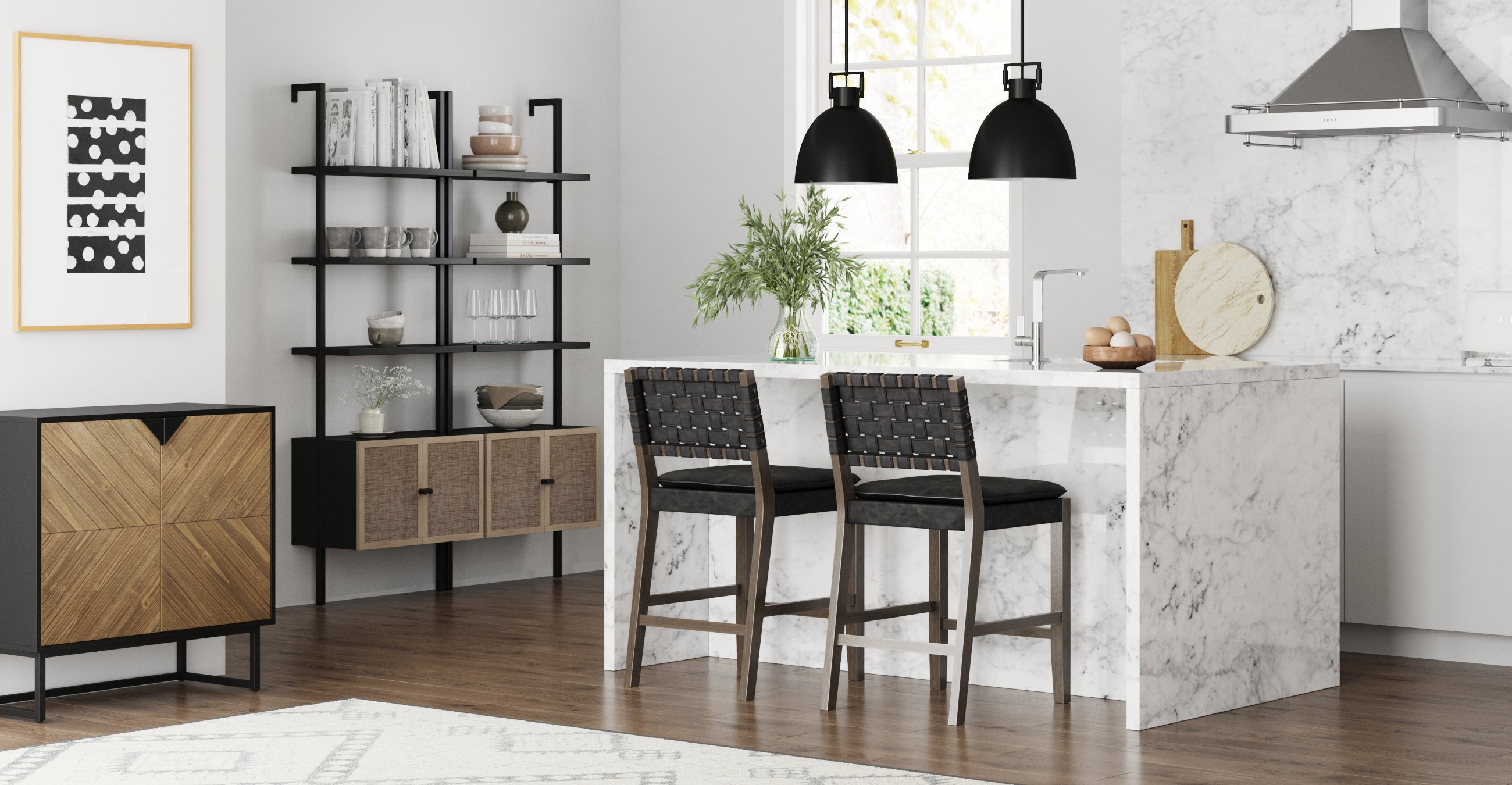 A modern kitchen with a marble island, two woven black bar stools, black pendant lights, wood floors, open shelving with decor, and a small black and wood cabinet against a white wall.