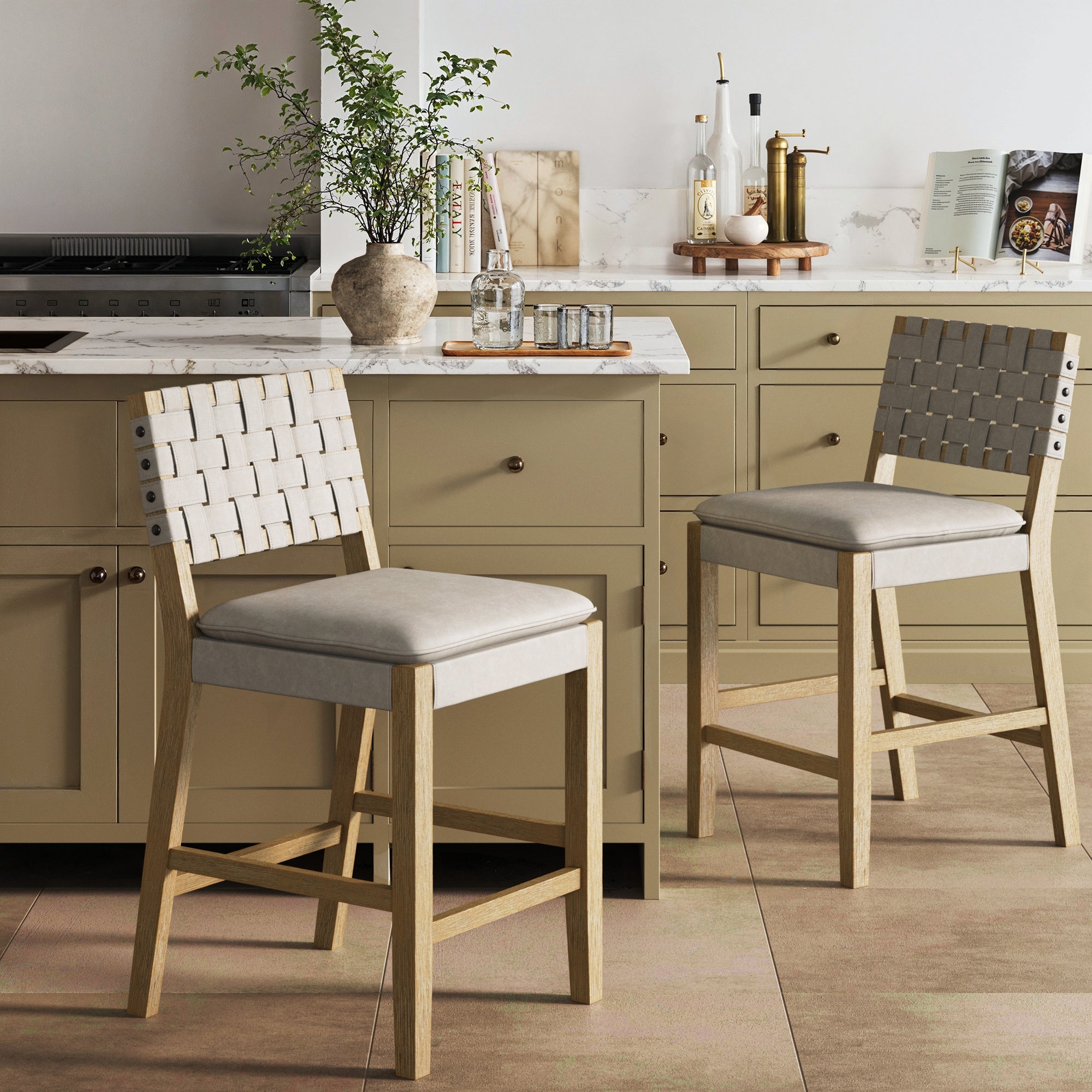 Woven Faux Leather Counter Height Bar Stool Gray Mahogany (Set of 2)