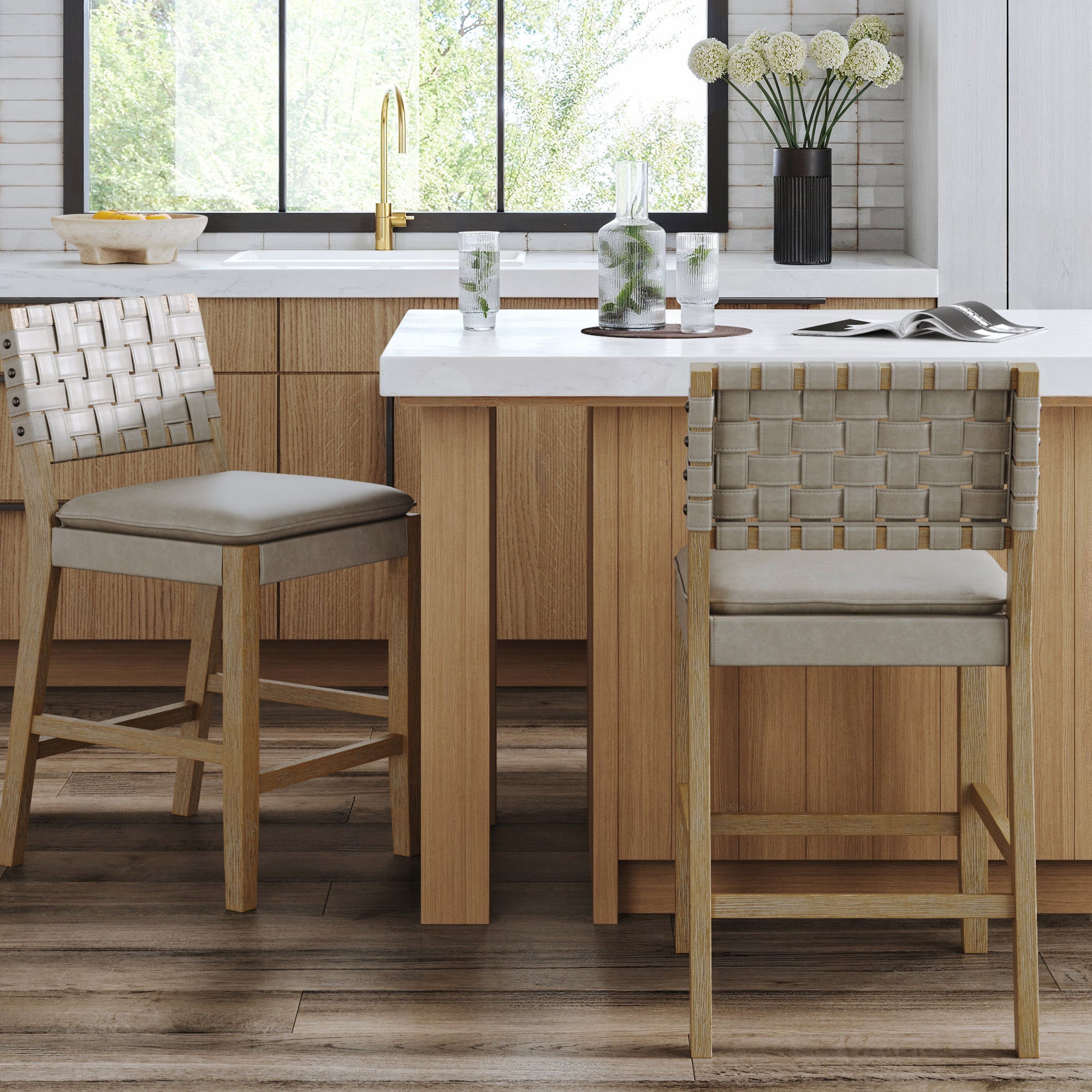 Woven Faux Leather Counter Height Bar Stool Gray Mahogany (Set of 2) - Nathan James