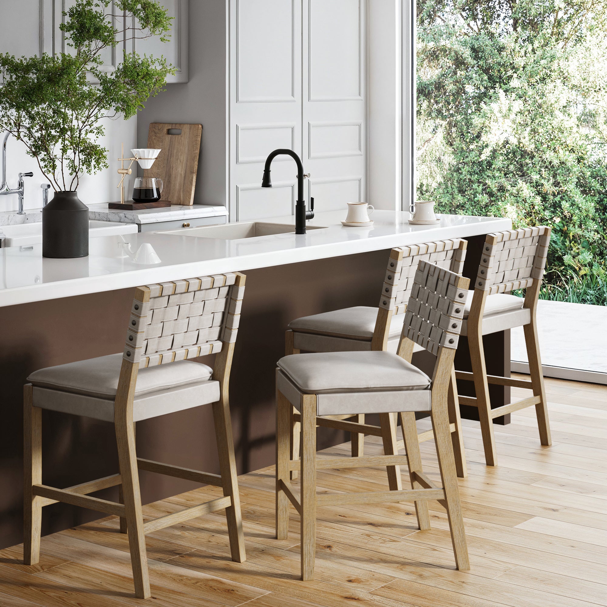 Woven Faux Leather Counter Height Bar Stool Gray Mahogany (Set of 4)