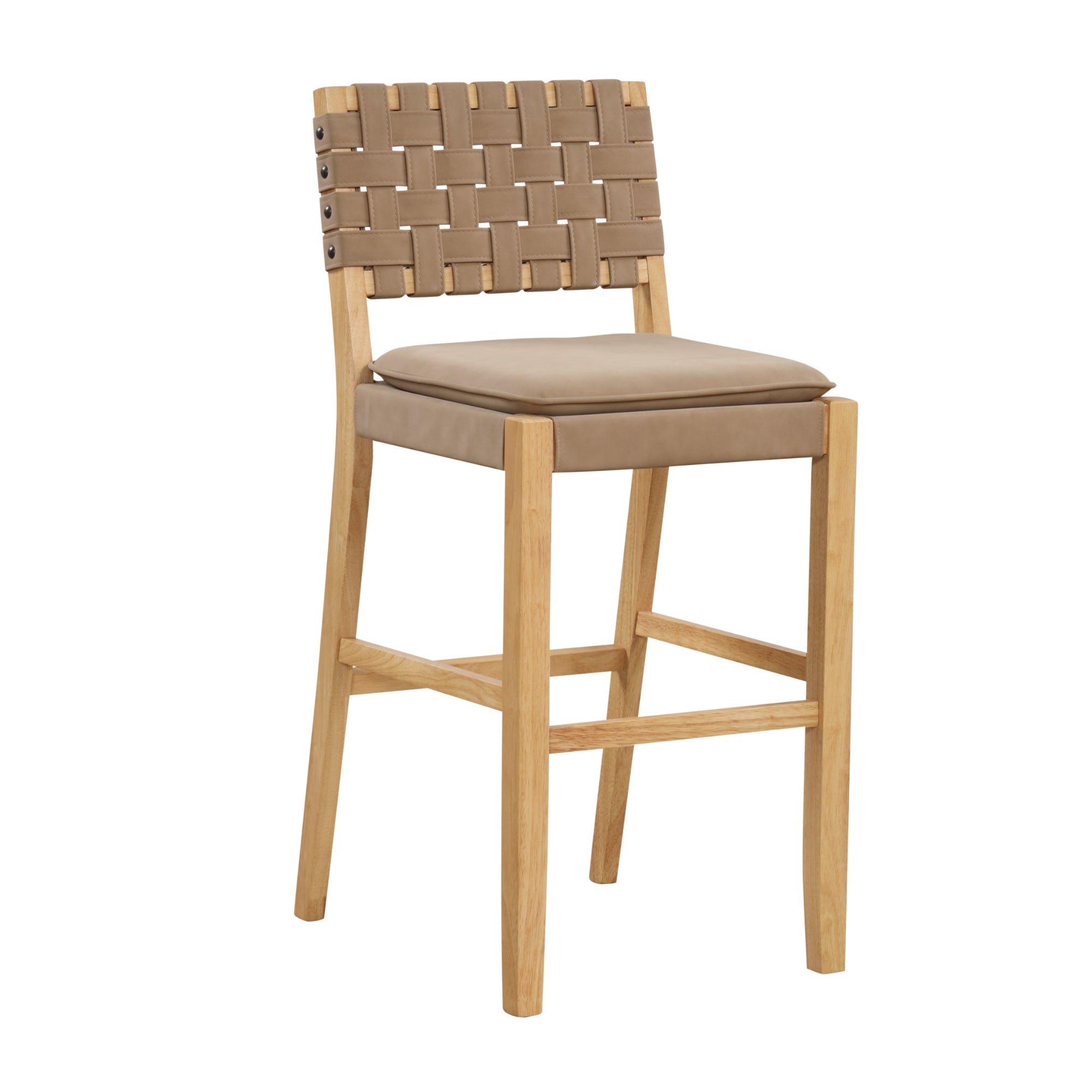 A wooden barstool with a tan padded seat and a woven leather strap backrest, featuring four straight legs connected by support bars.
