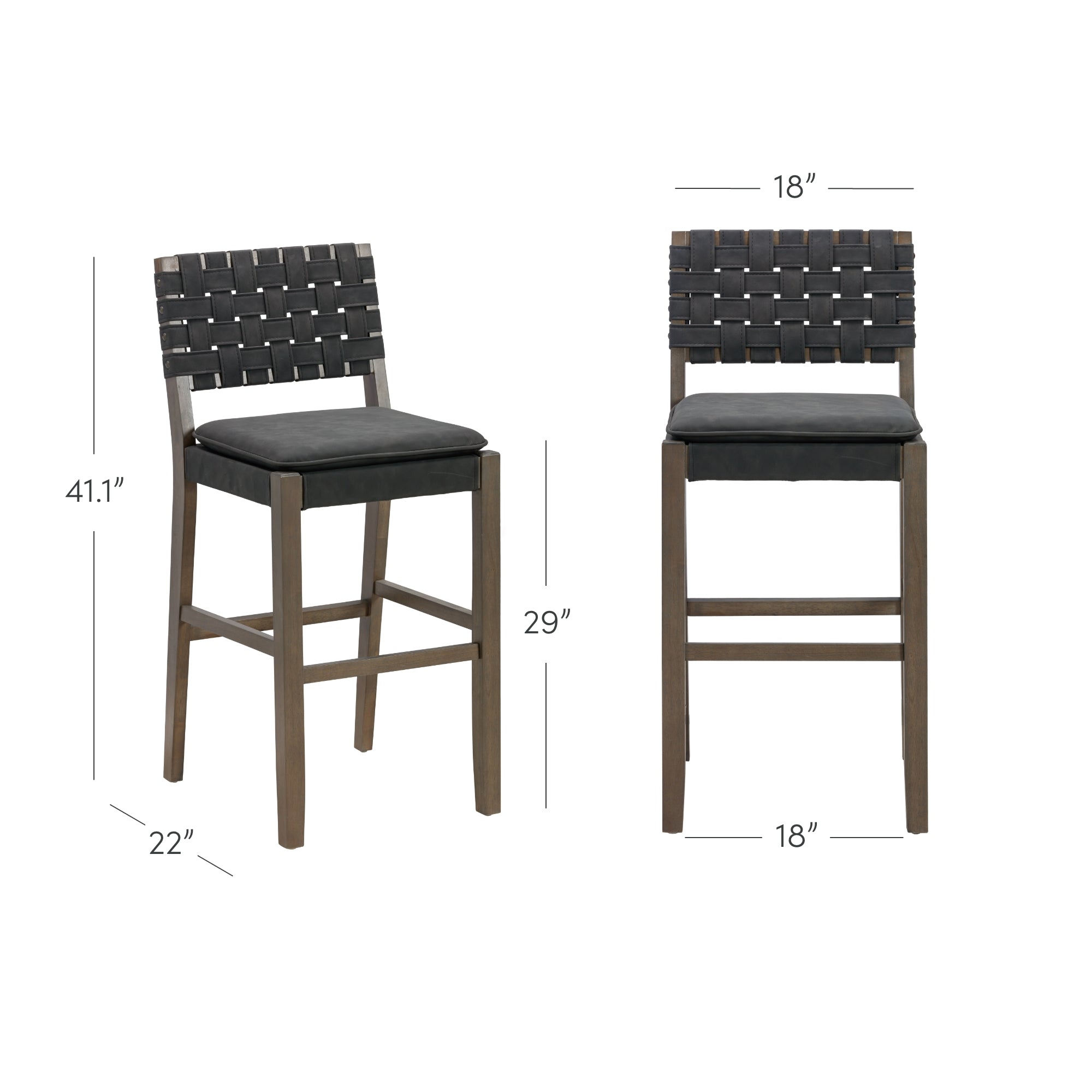 Two bar stools with woven black backrests, black cushioned seats, and wooden legs. Dimensions are 41.1 high, 22 deep, and 18 wide with a seat height of 29. One stool is angled, and the other is front-facing.